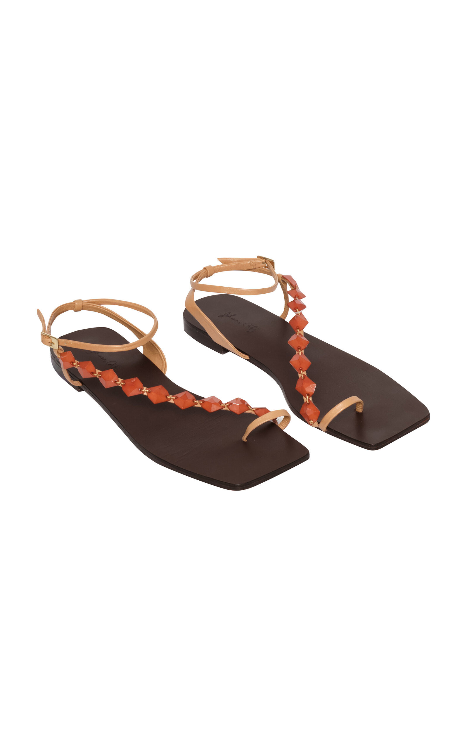 Dazzling Crest Beaded Leather Sandals red - 4