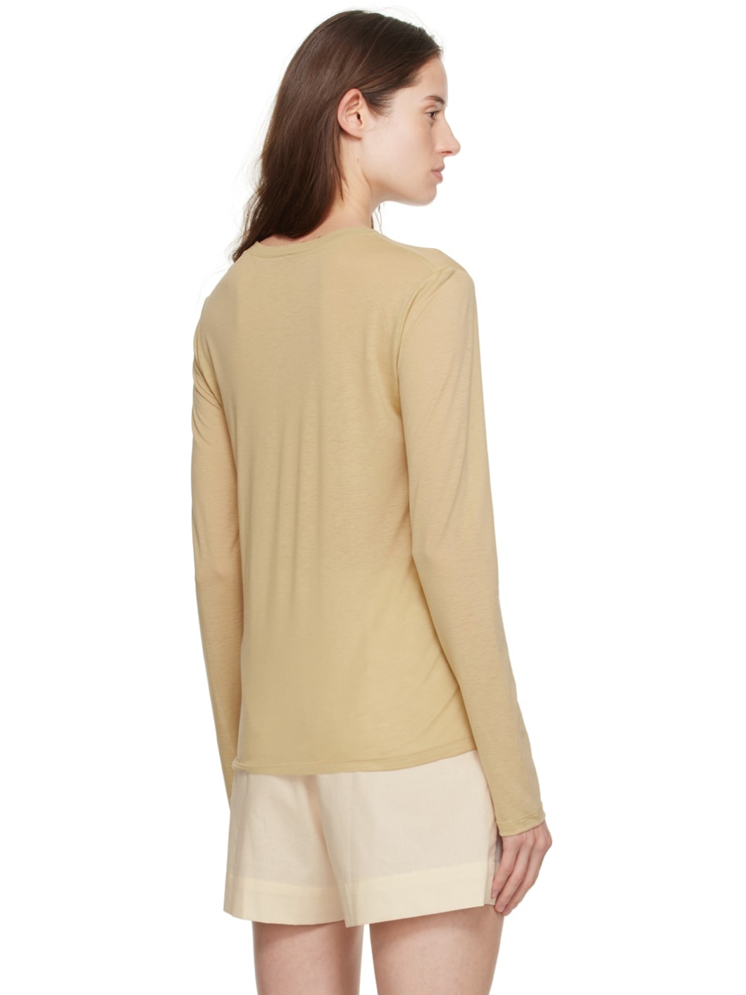 Beige Crewneck Long Sleeve T-Shirt - 3