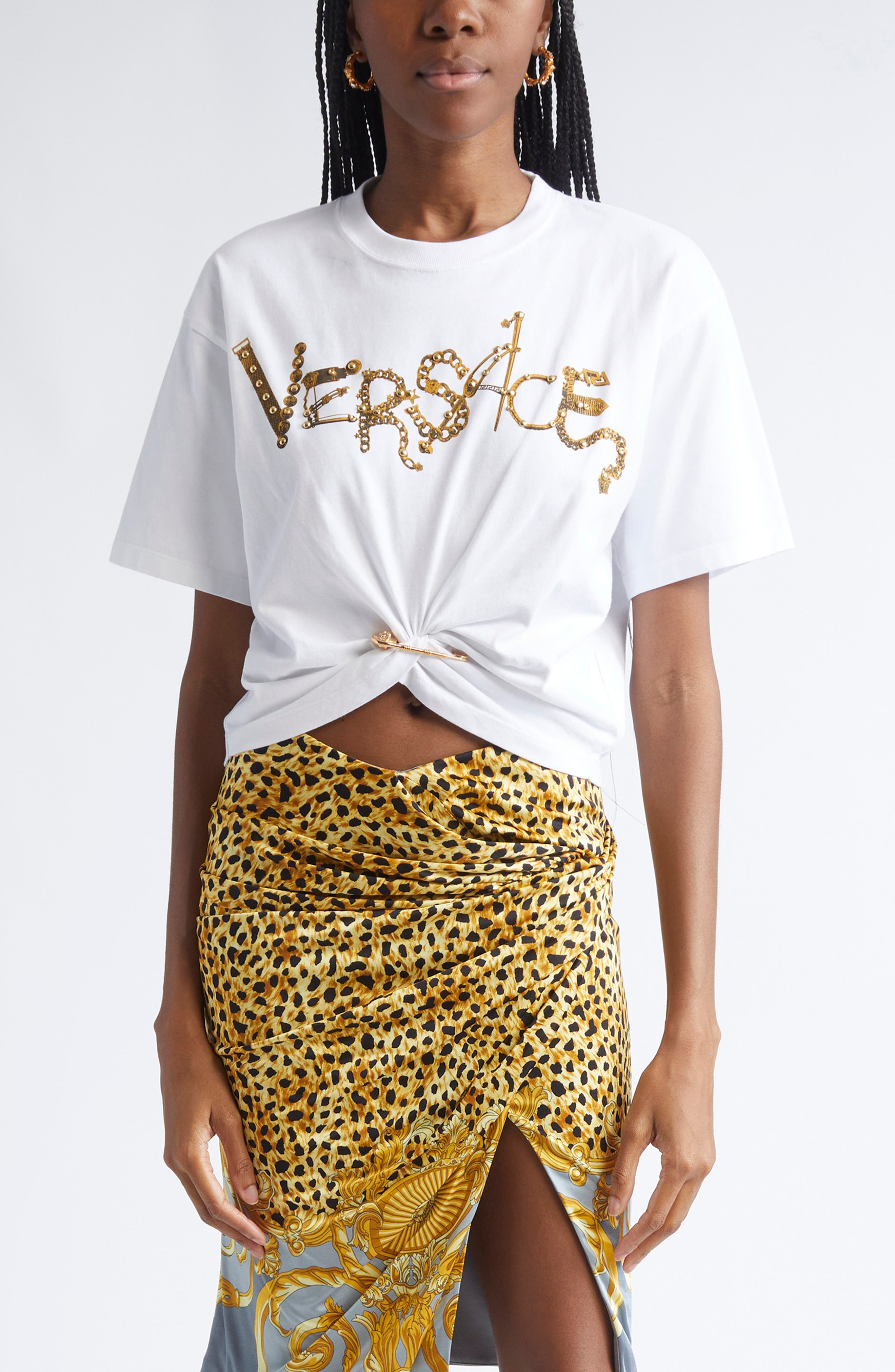 Versace Studded Chain Logo Safety Pin Graphic T-Shirt in Optical White at Nordstrom - 1