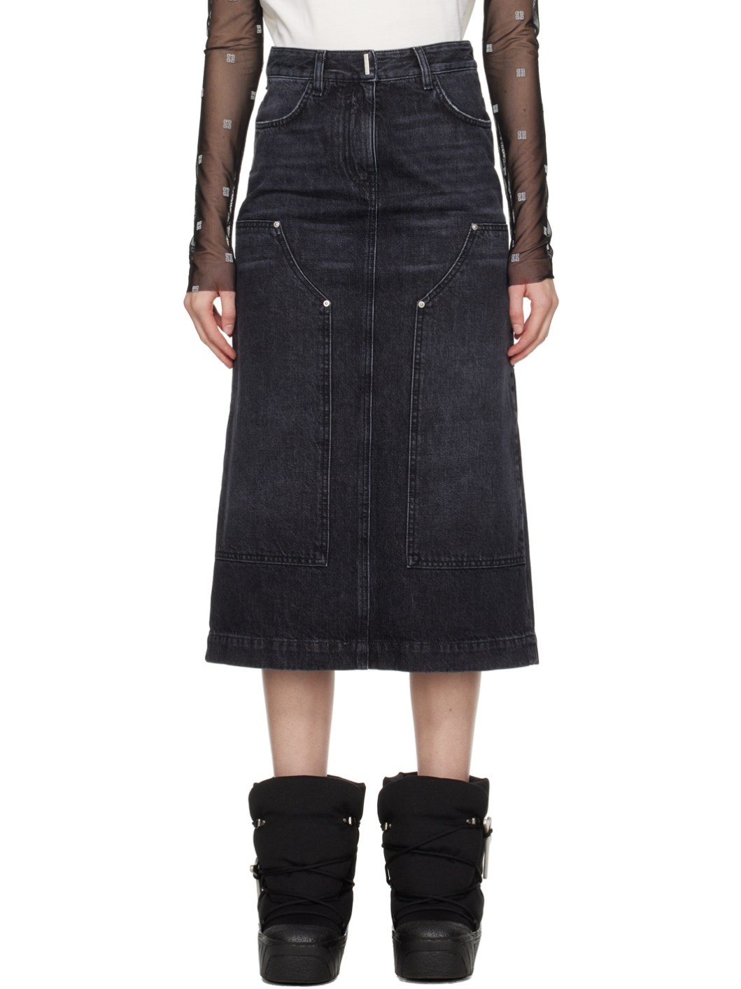 Black Reinforced Panel Denim Midi Skirt - 1