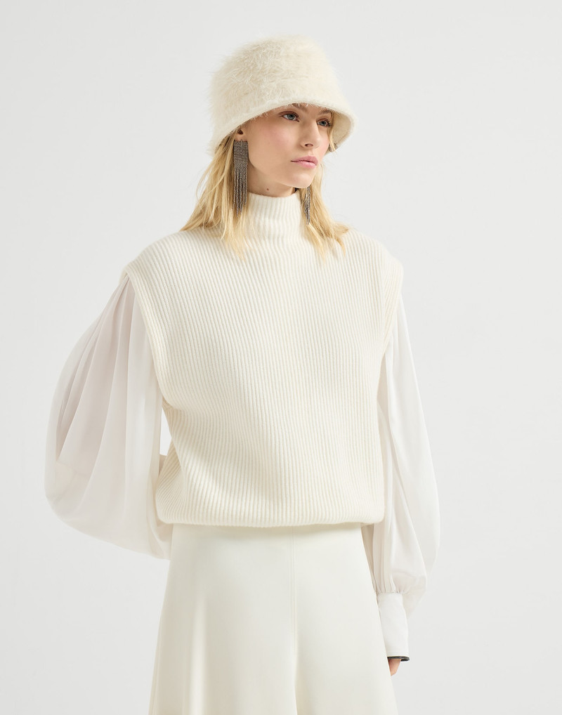 Cashmere English rib knit sleeveless turtleneck sweater with precious zipper 4