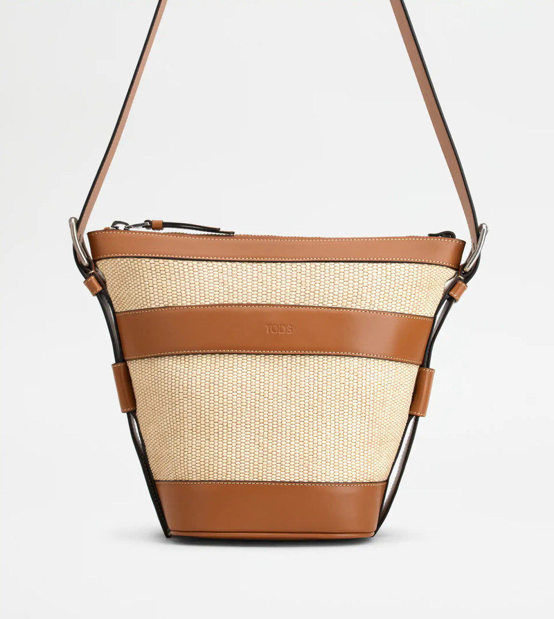 RAFFIA AND LEATHER BUCKET BAG SMALL - BROWN 1