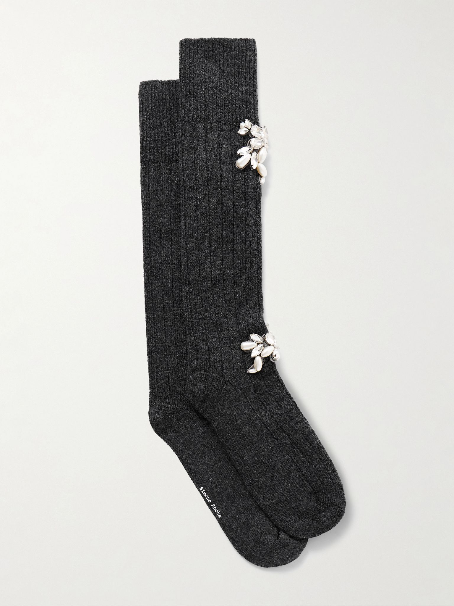 Embellished ribbed wool-blend knee socks Charcoal - 1