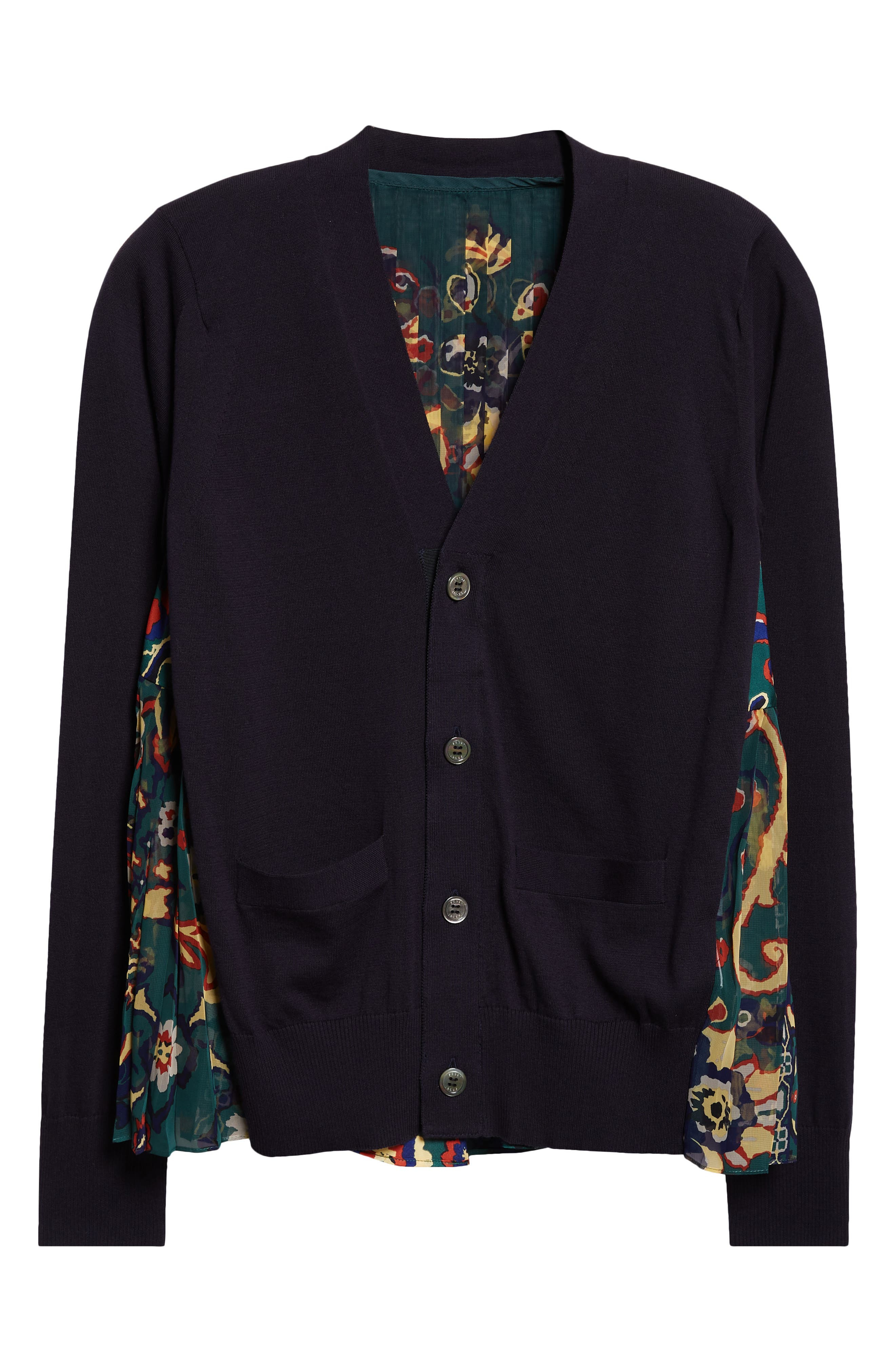 Sacai Floral Panel Mixed Media Cardigan in Navy/Green at Nordstrom - 6