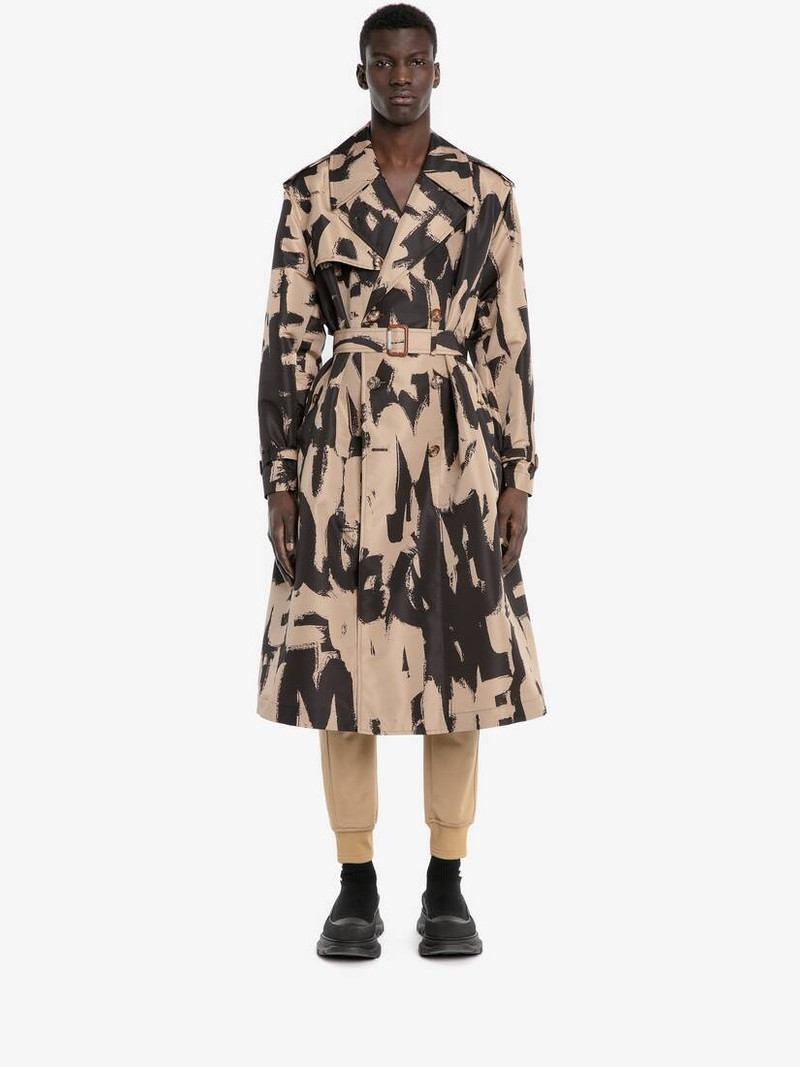 Alexander McQueen Mcqueen Graffiti Trench Coat in Black/beige outlook
