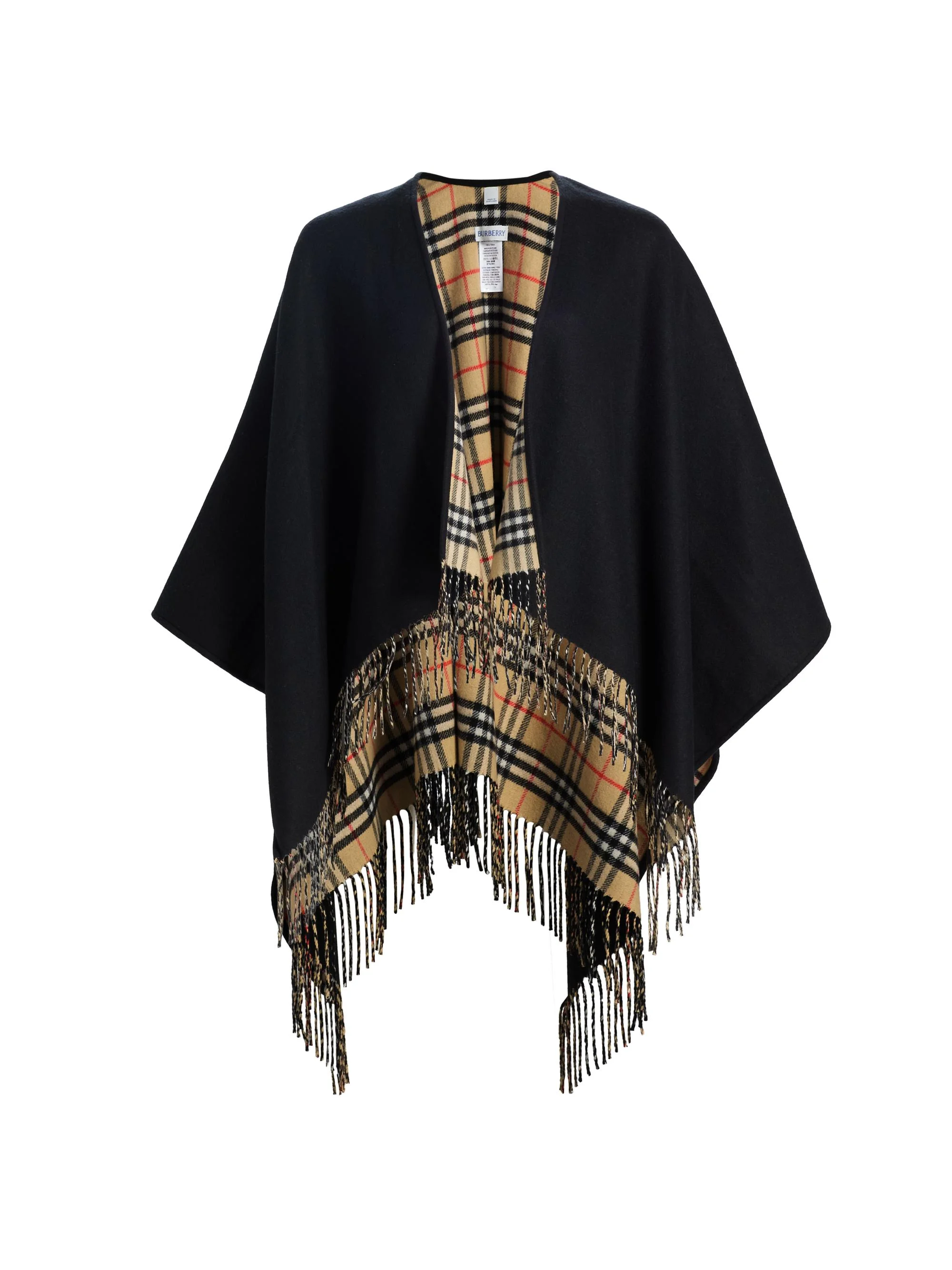 Women's Check Wool Fringe Cape - Black Sand - 1