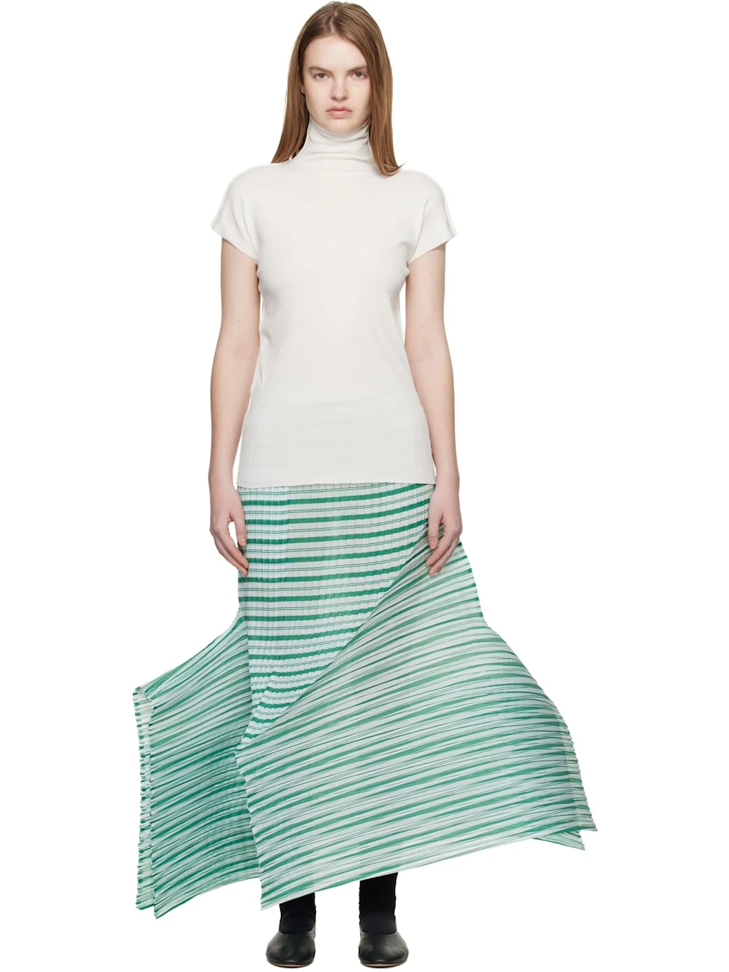 Green Generic Stripes Machine Pleats Midi Skirt - 1