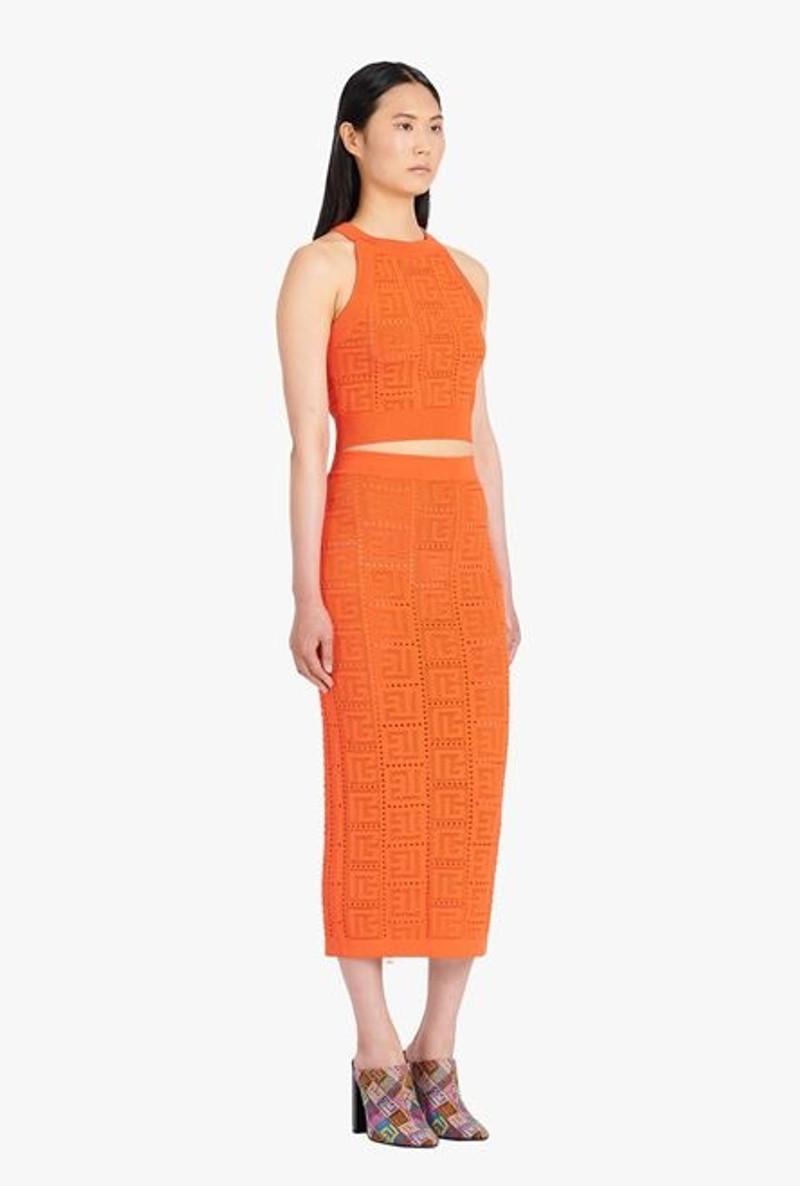 Mid-length dark orange eco-designed knit skirt with Balmain monogram 6