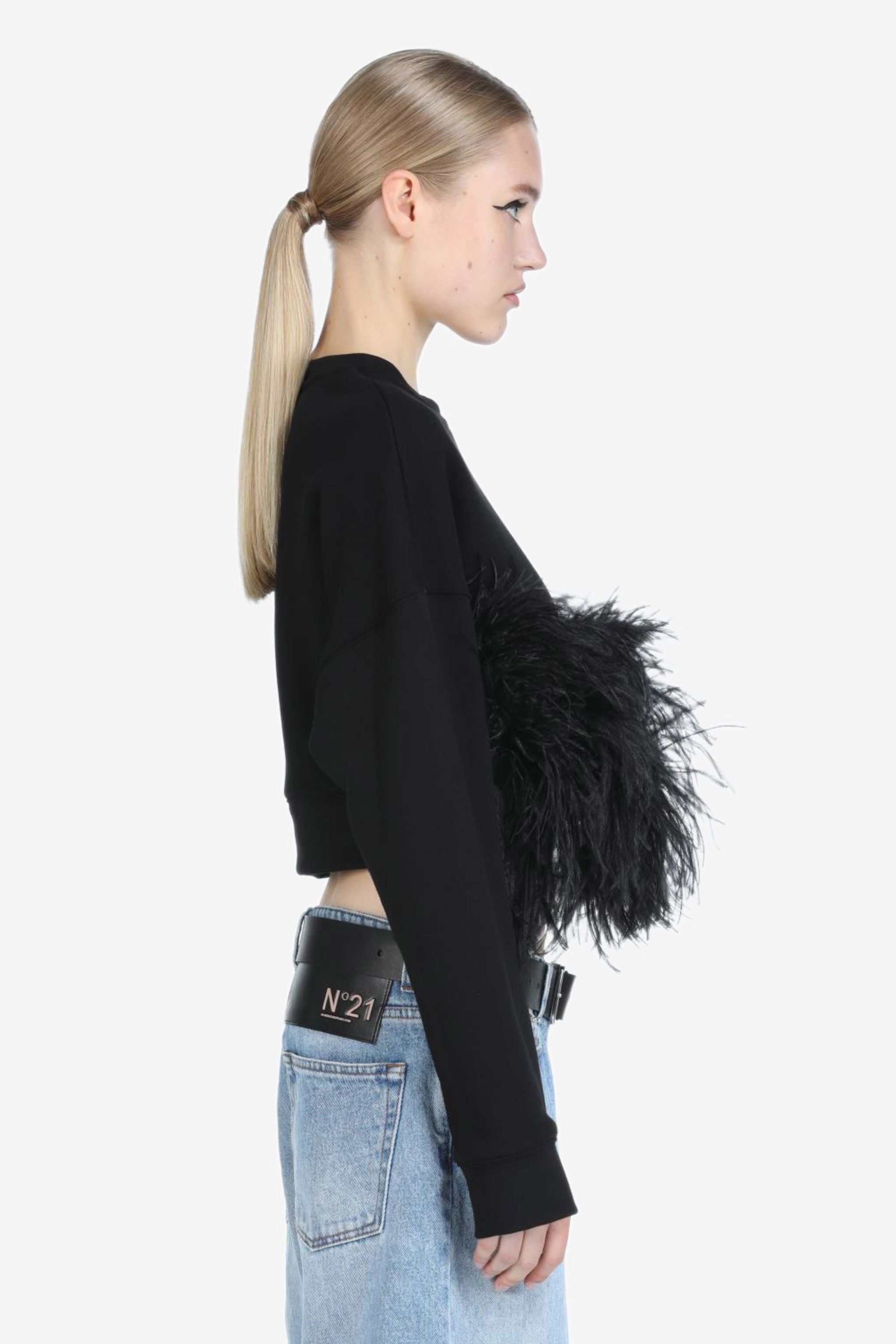 FEATHER-TRIMMED CROPPED SWEATSHIRT - 3