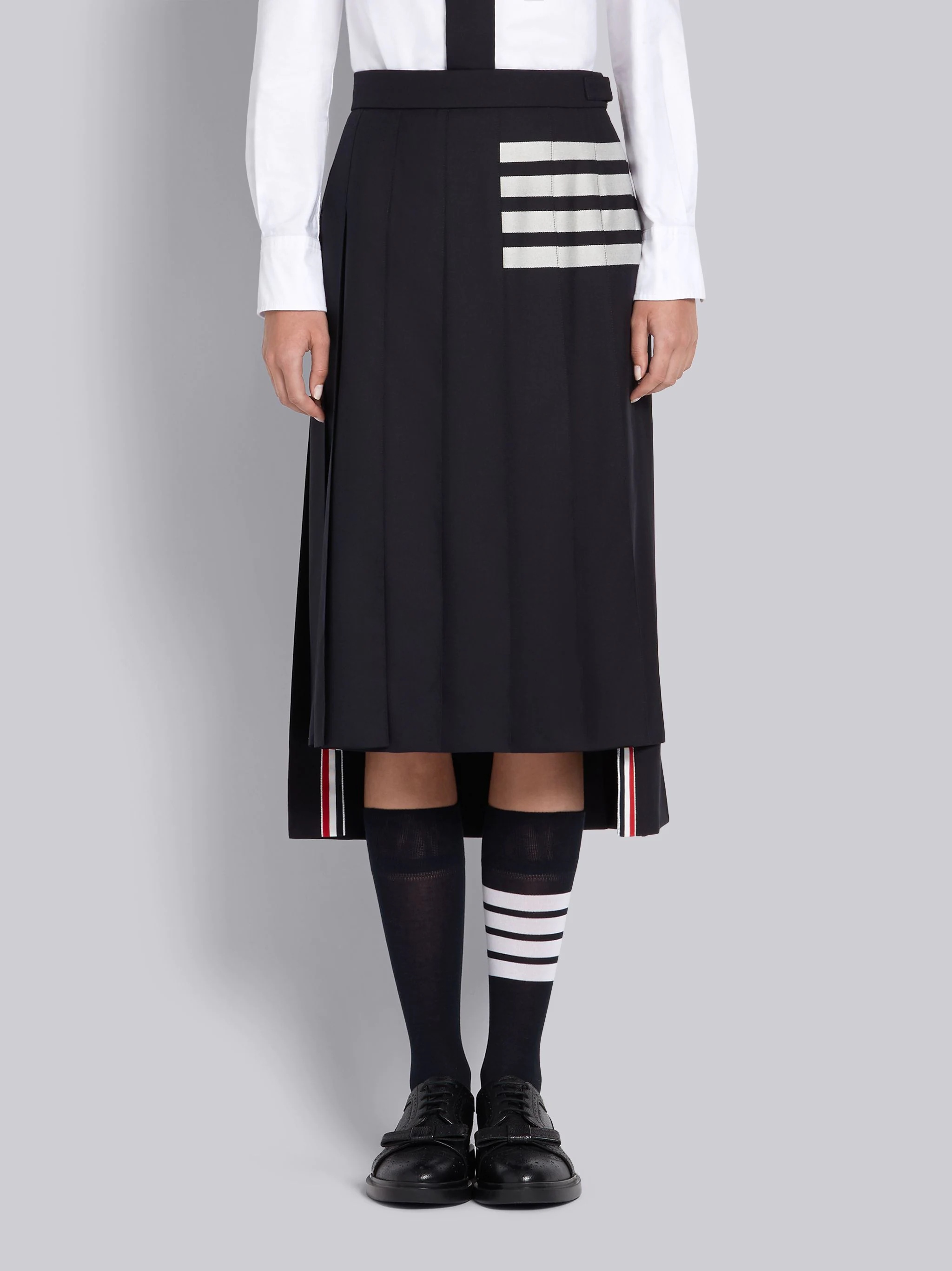 Navy Wool Plain Weave Pleated 4-Bar Skirt - 1
