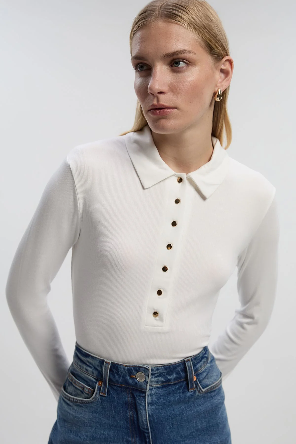 Viscose Rib Jersey Long Sleeve Collared Button Top - 1