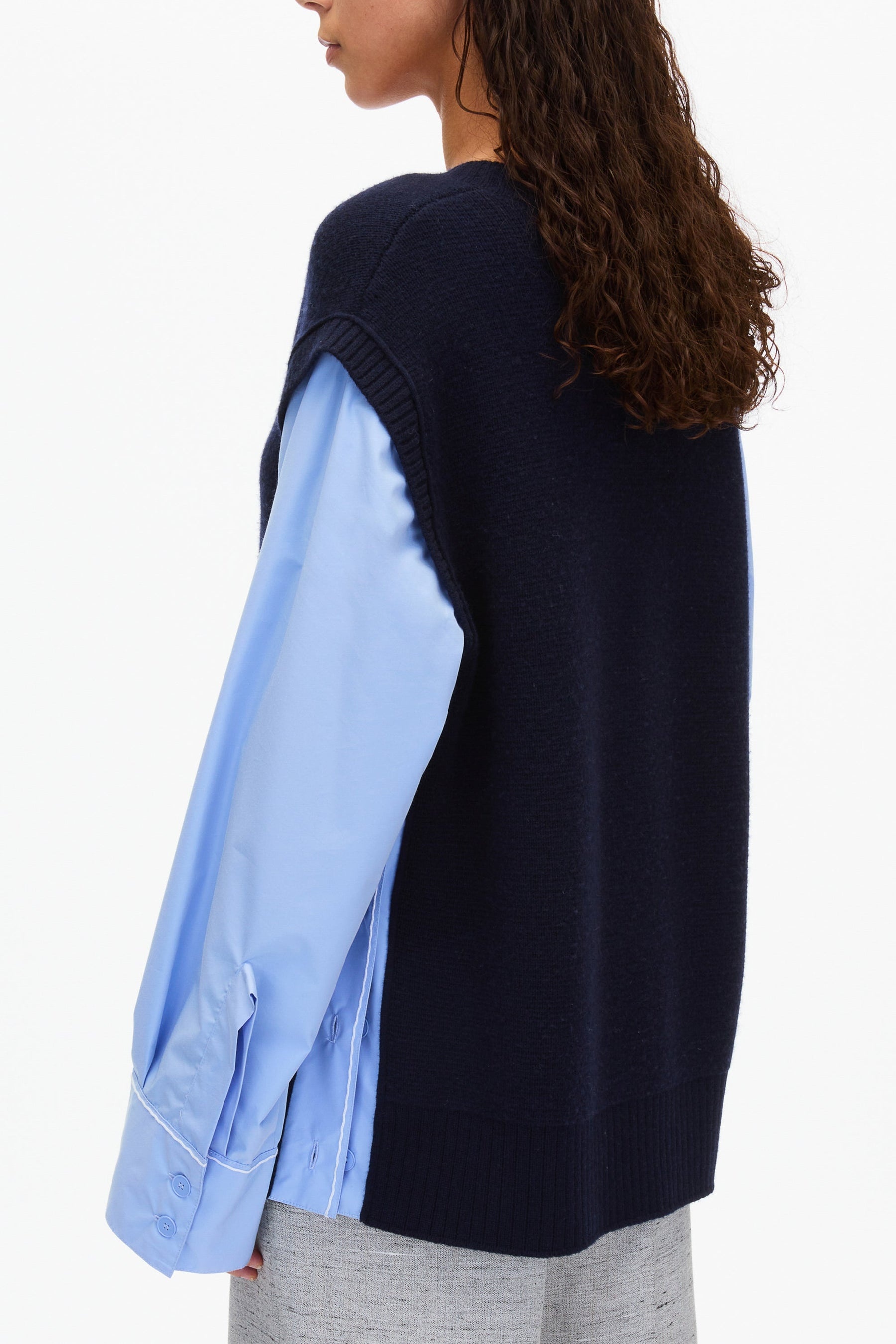 Oversized Knit Vest with Poplin Sleeves - 5