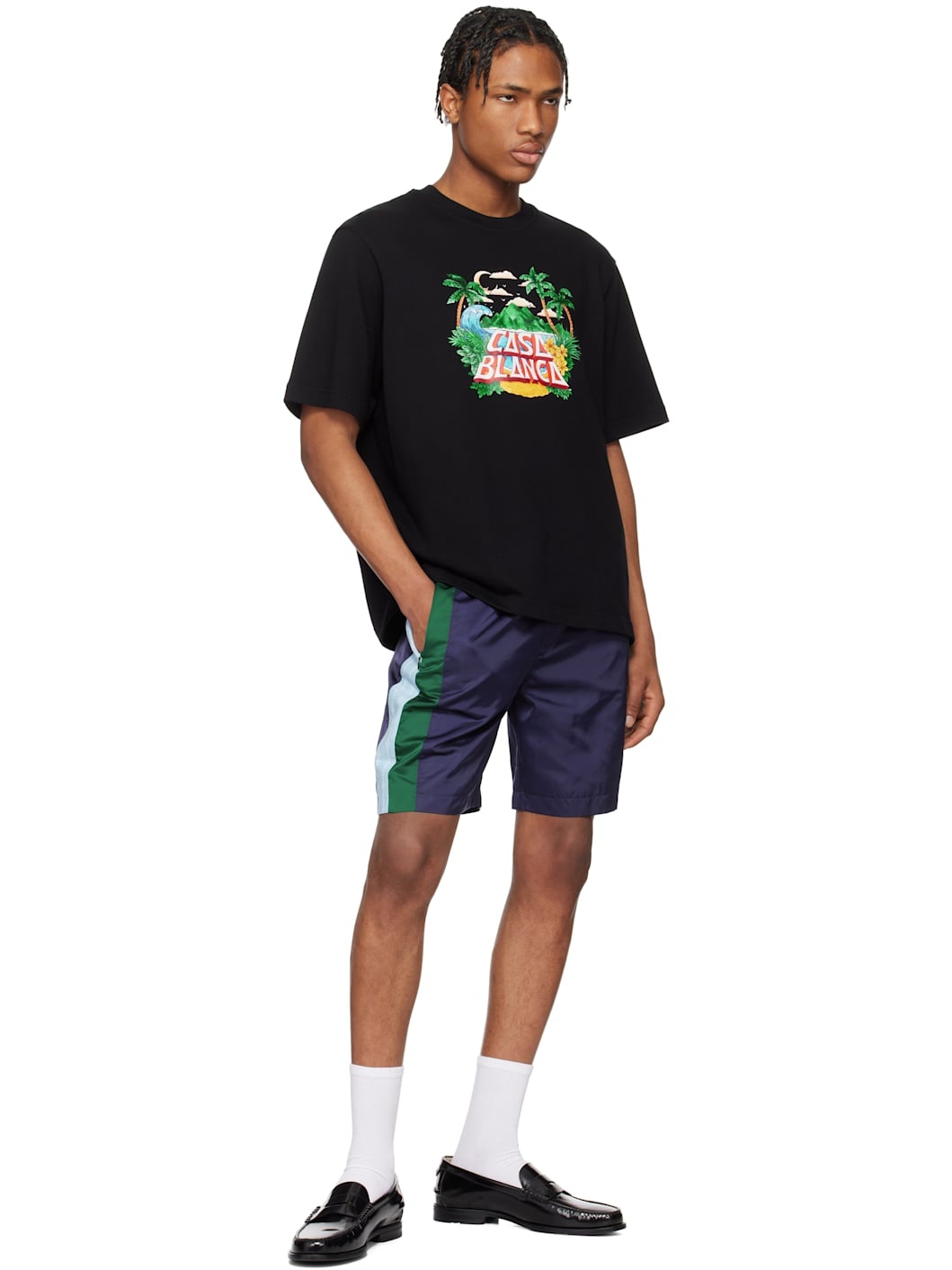 Navy Pinstripe Laurel Track Shorts - 5