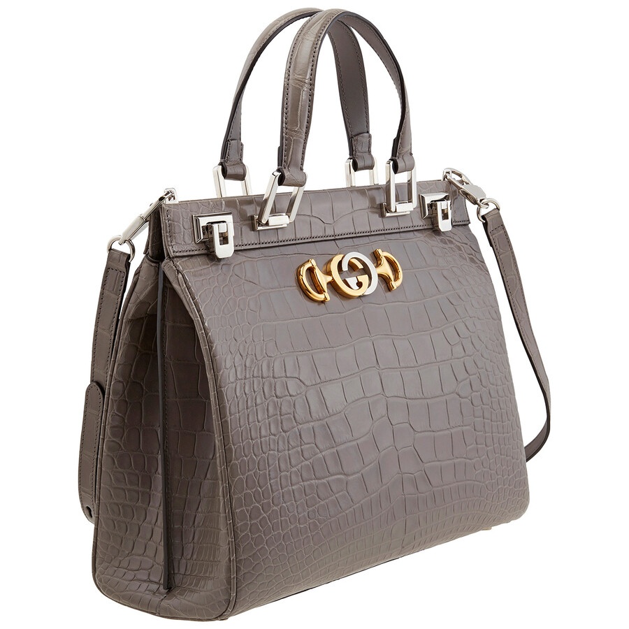 Gucci Grey Zumi Medium Top Handle Bag In Crocodile Effect - 5