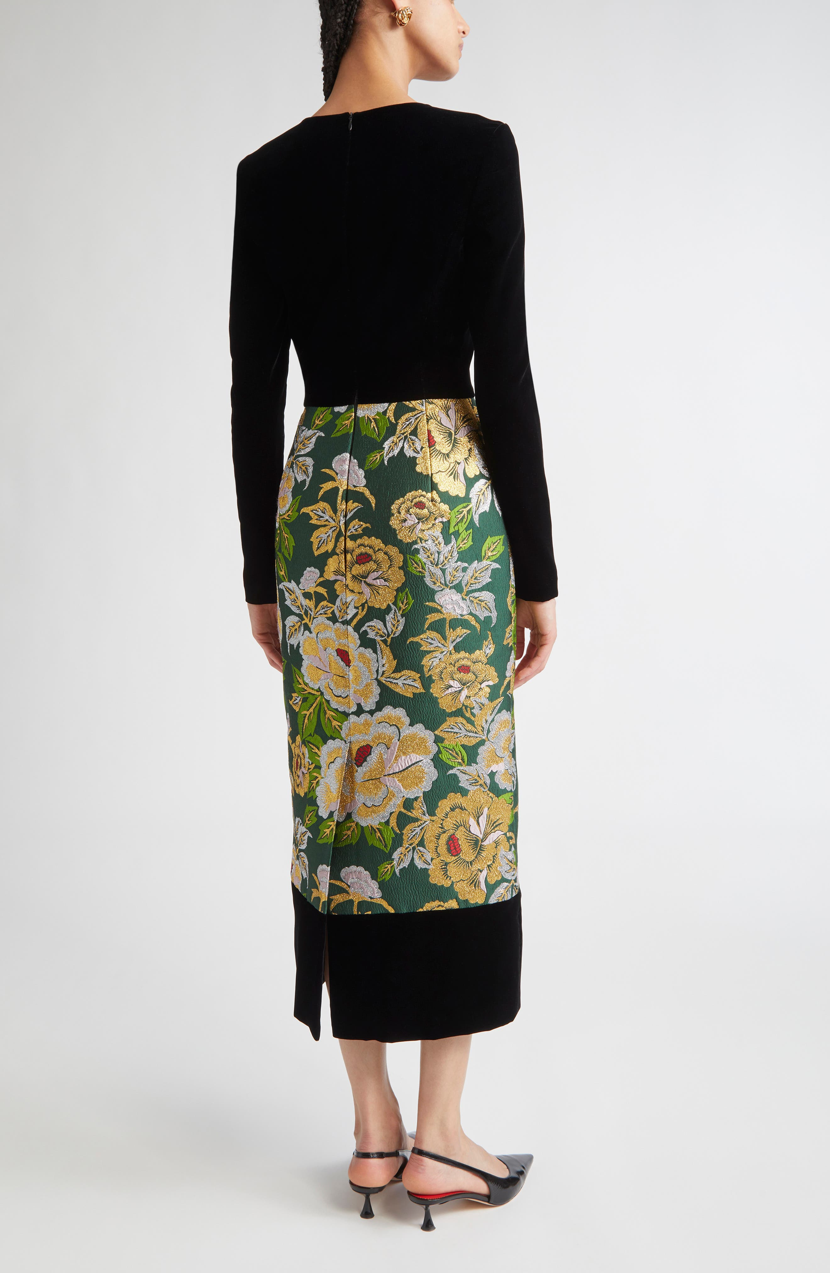 Carolina Herrera Long Sleeve Floral Jacquard & Velvet Midi Dress in Pine Green Mult at Nordstrom - 2