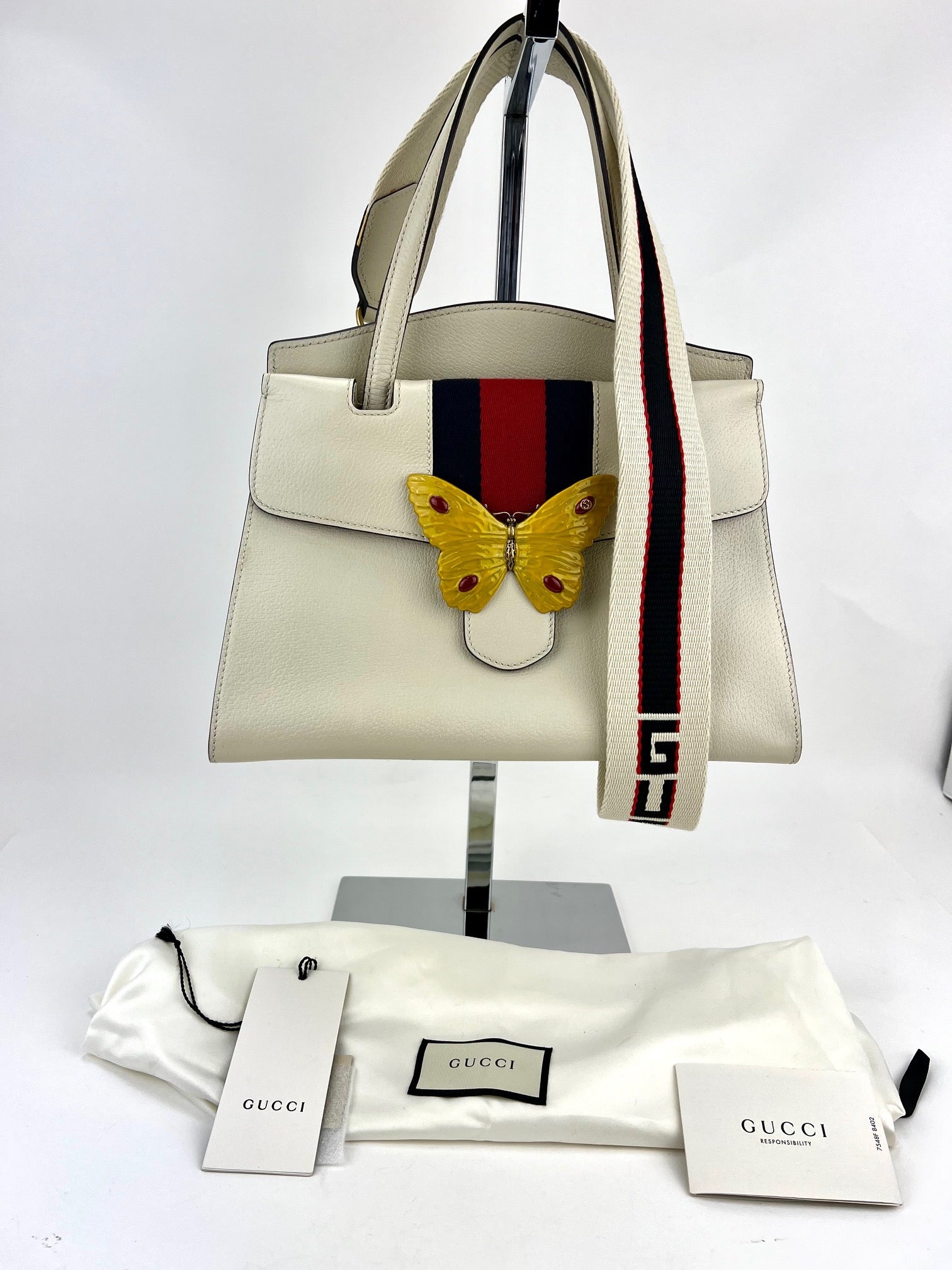 GUCCI Linea Medium Totem Web Stripped Yellow Butterfly Top Handle Bag Preowned - 12