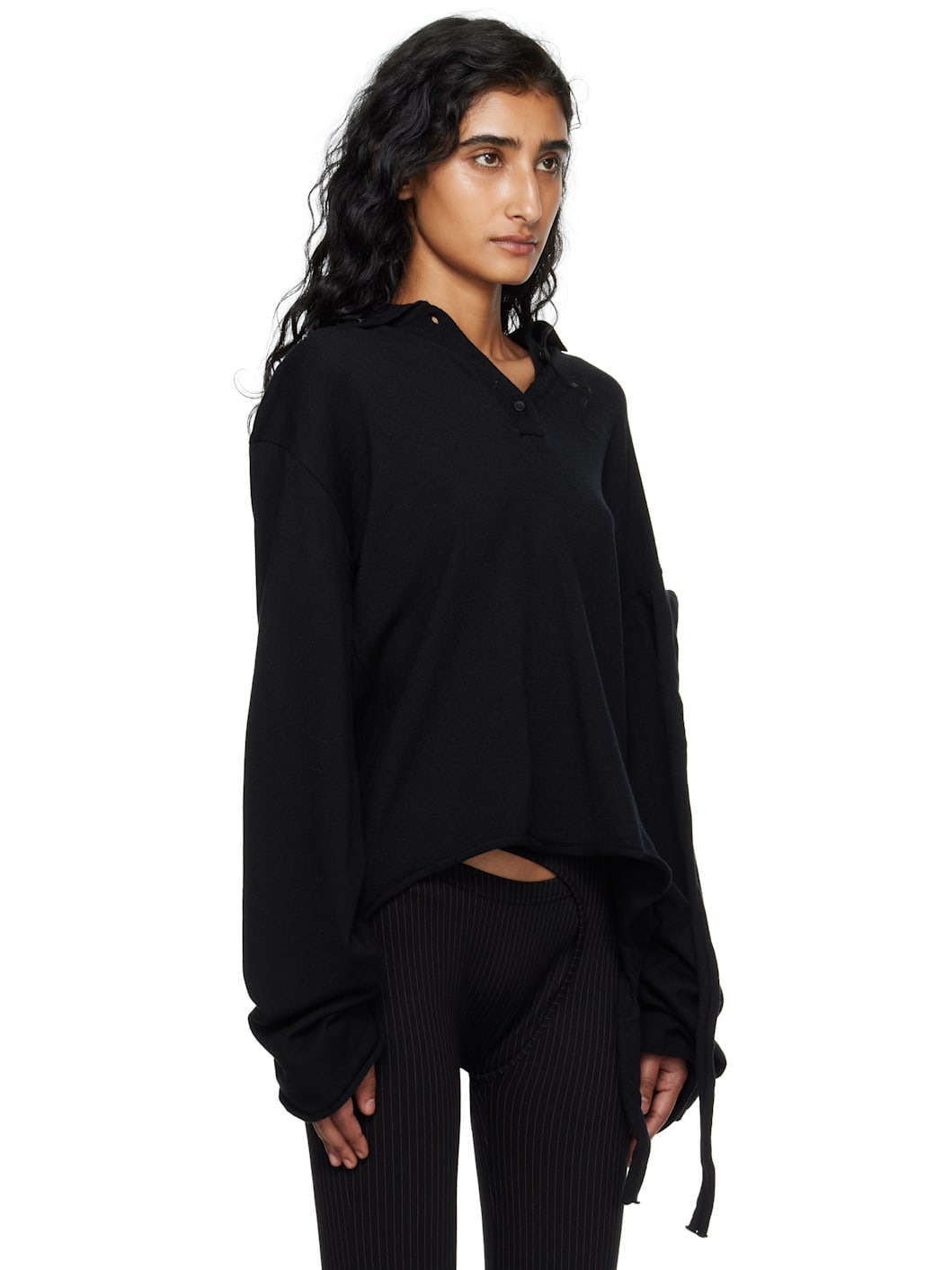 Black Deconstructed Knit Longsleeve Polo - 2