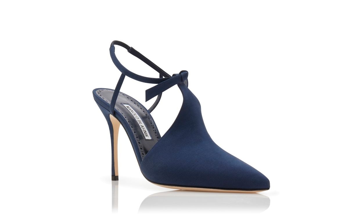 Navy Blue Crepe De Chine Ankle Strap Mules - 3