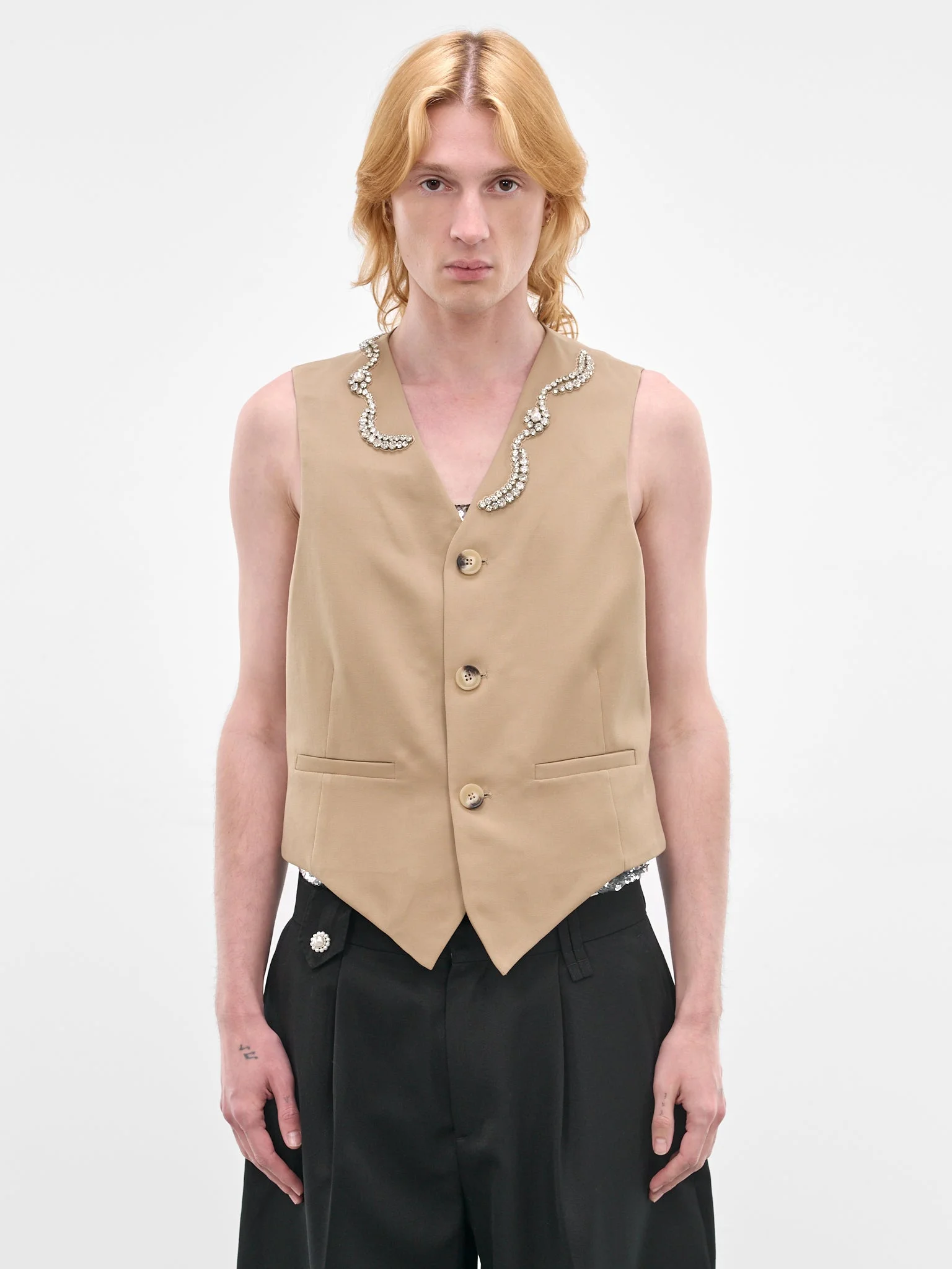 Beige Wool Tailored Bead Waistcoat - 1