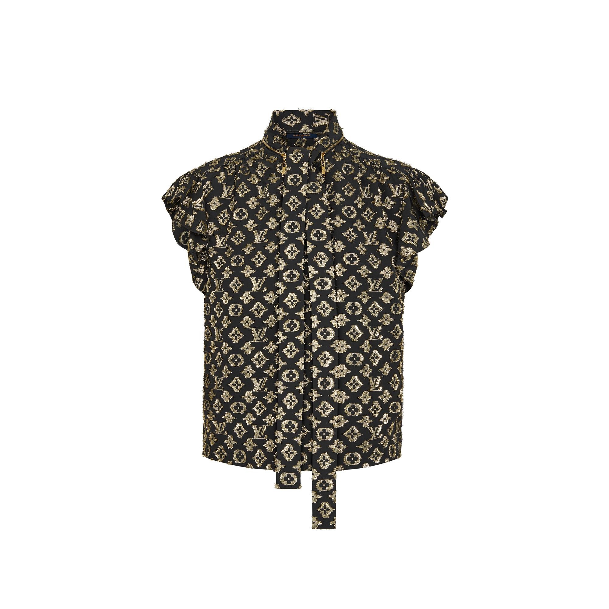 Short-Sleeved Gold And Black Monogram Blouse In Lurex Jacquard - 1