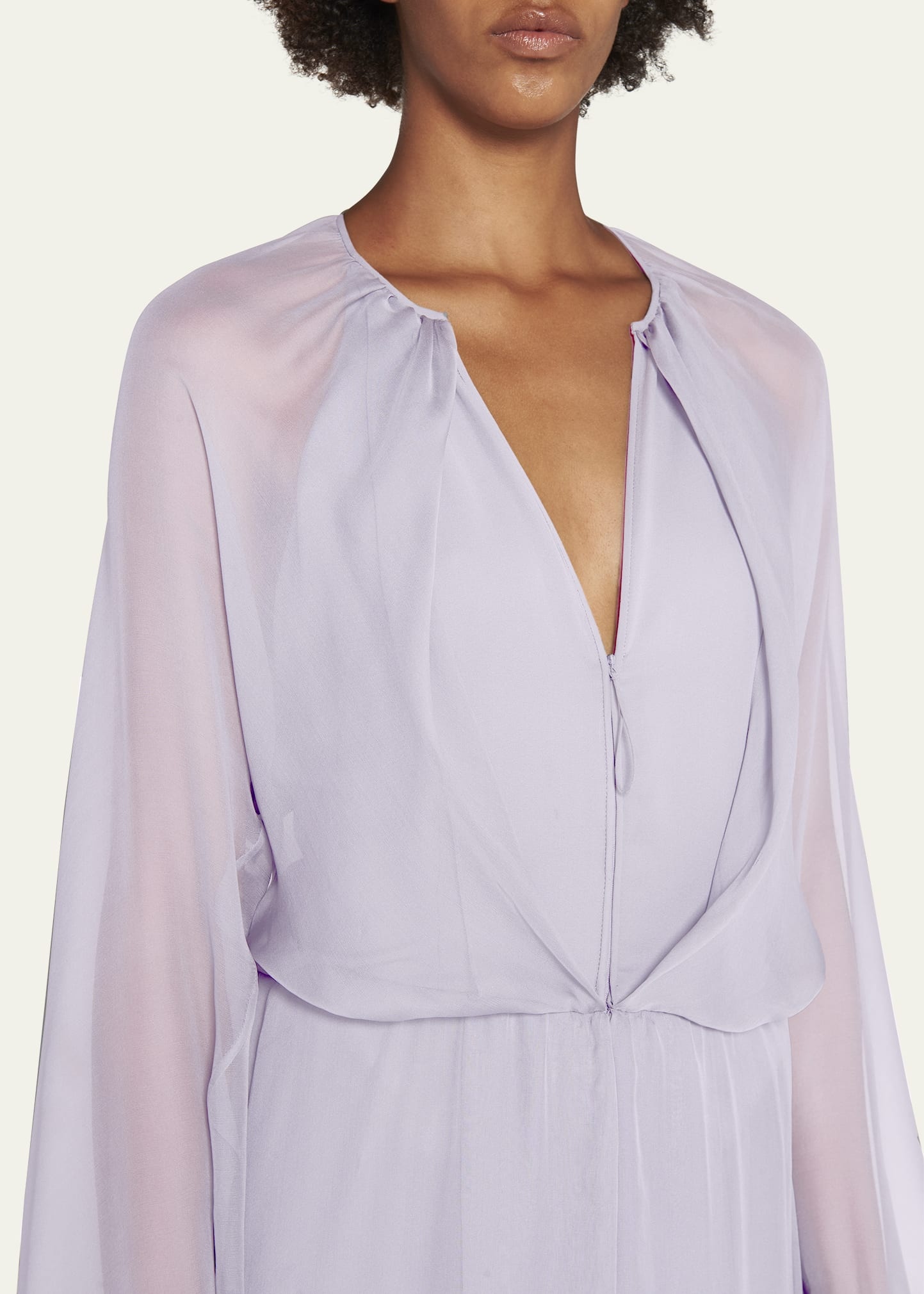 Zip-Front Long-Sleeve Silk Chiffon Layered Gown - 5