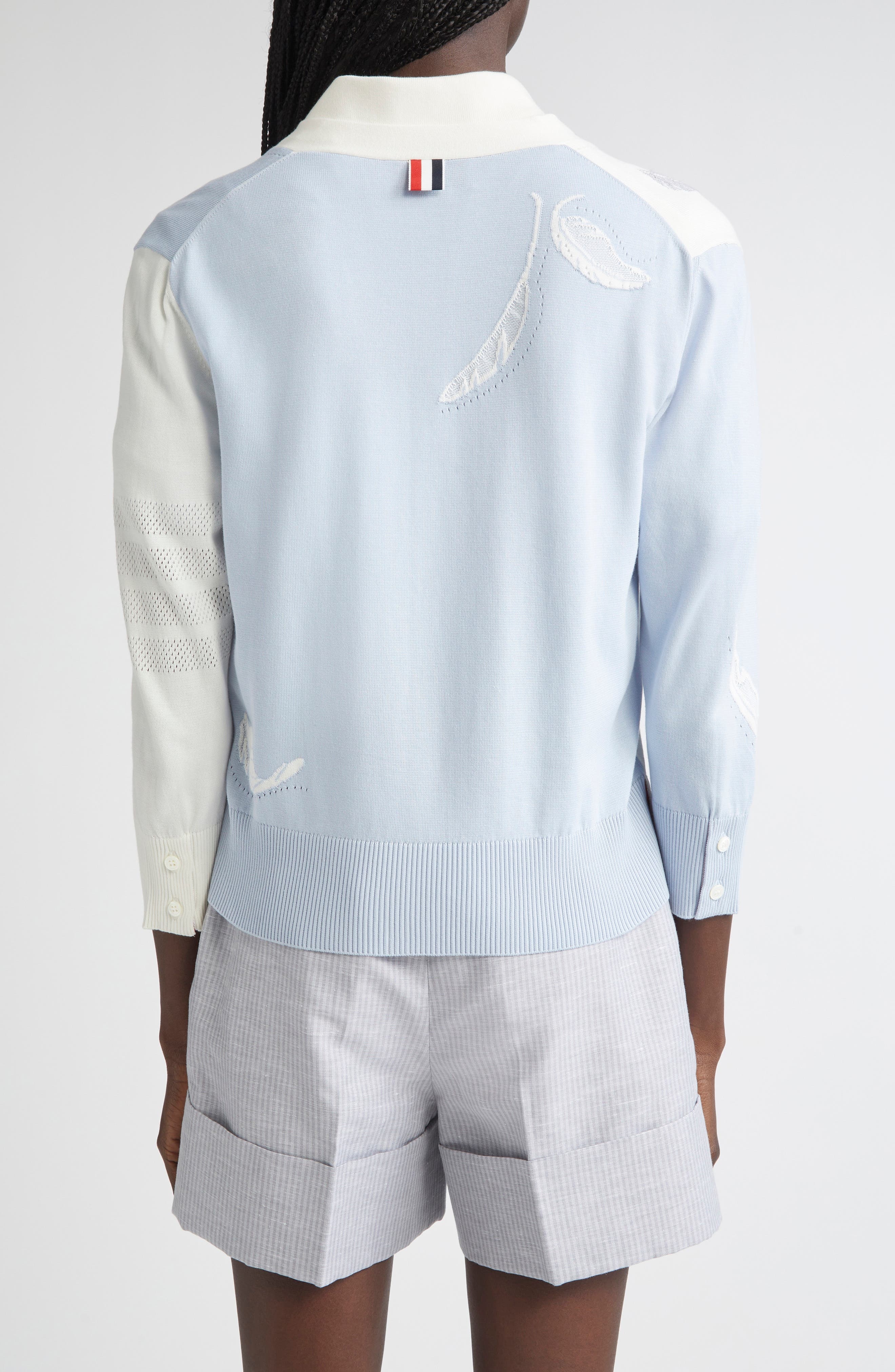 Thom Browne Fun-Mix 4-Bar Feather Intarsia Three Quarter Sleeve Cardigan in Light Blue at Nordstrom - 3