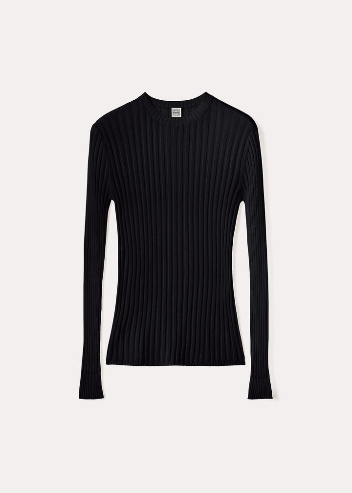 Round neck ribbed wool knit black - 1