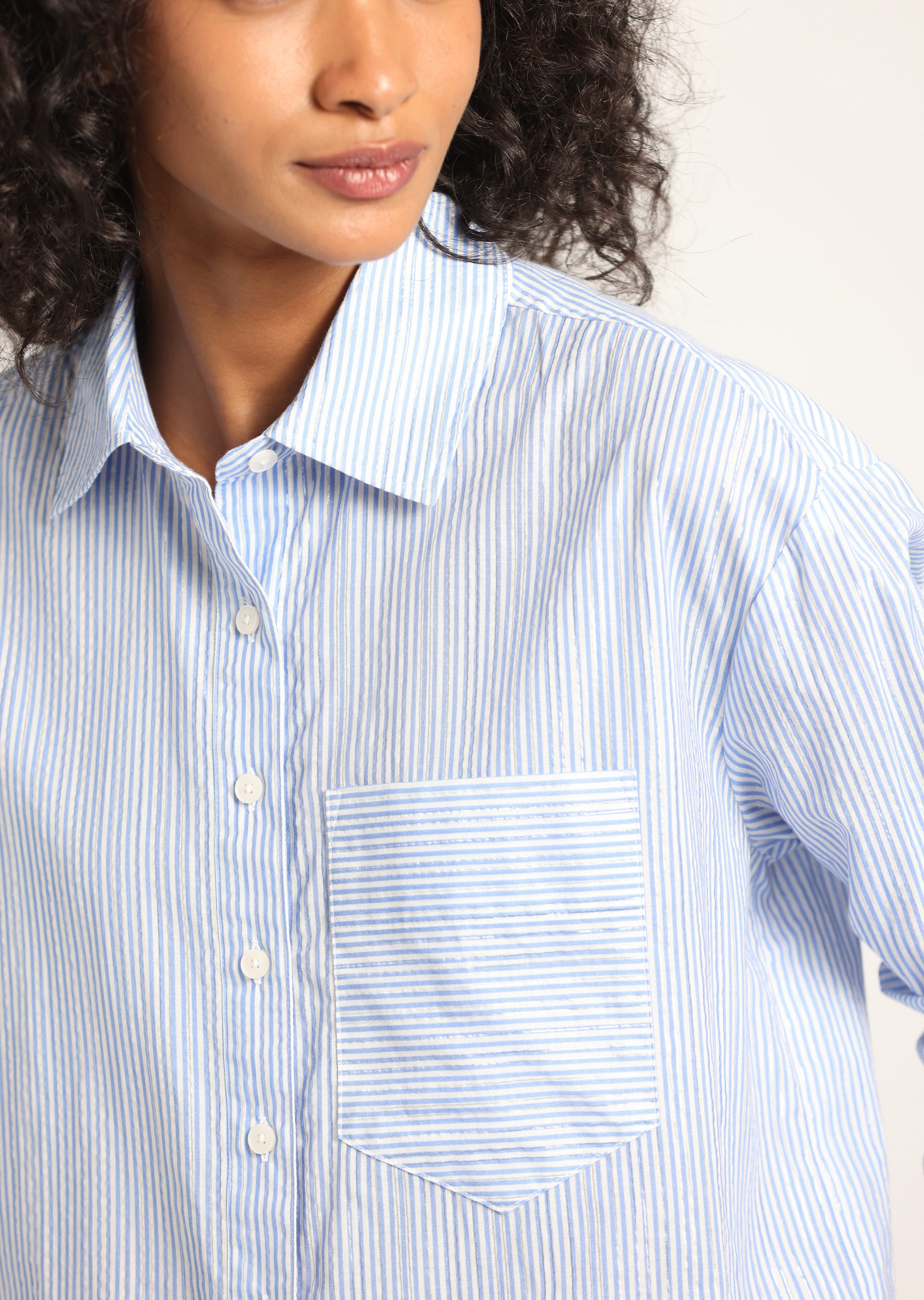 ORIANNE LUREX STRIPE VOILE LONG SLEEVE BUTTON FRONT SHIRT - 2