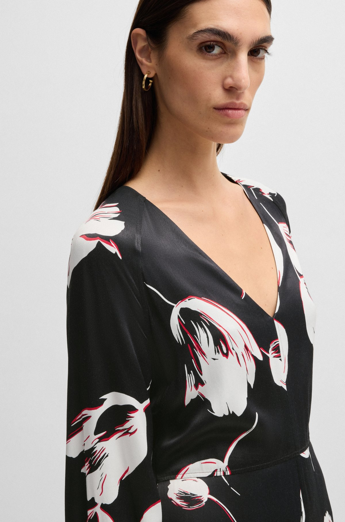 SATIN V-NECK DRESS WITH TULIP PRINT - 5