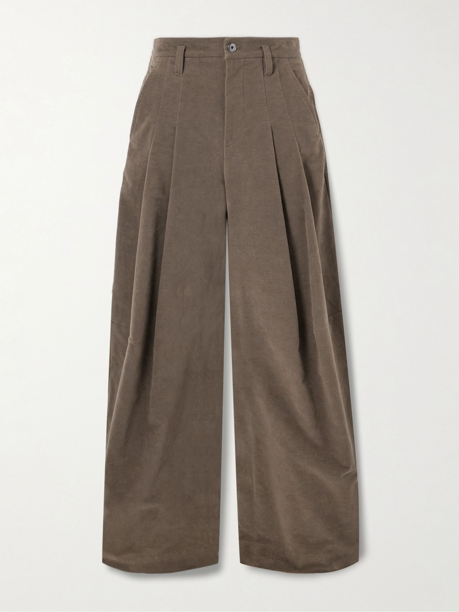 Pleated brushed cotton-blend wide-leg pants Brown - 1