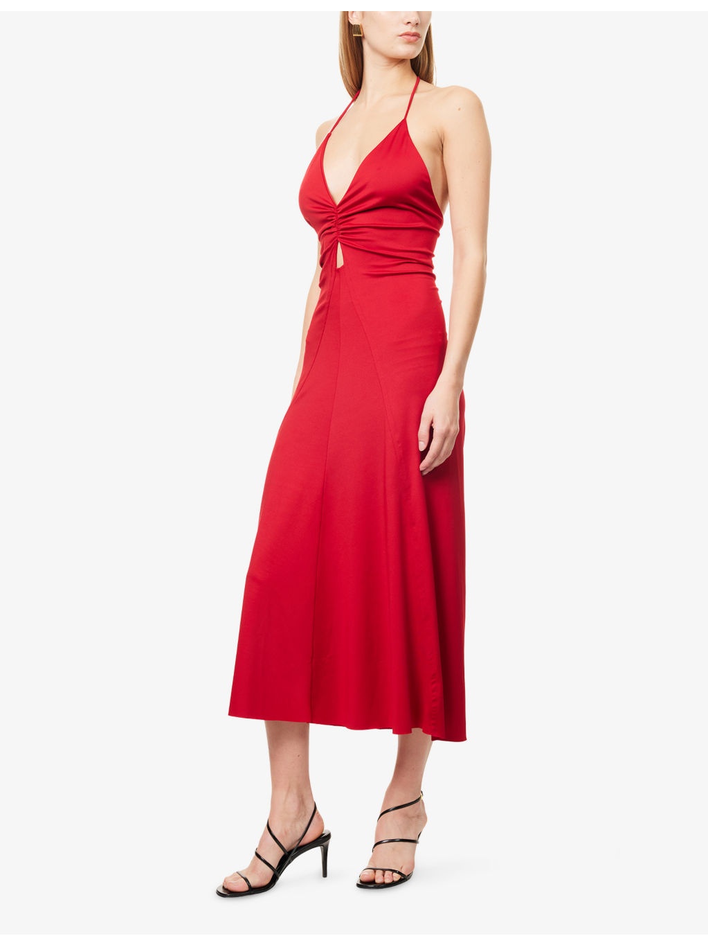 V-Neck Gathered Stretch-Woven Midi Dress - 3