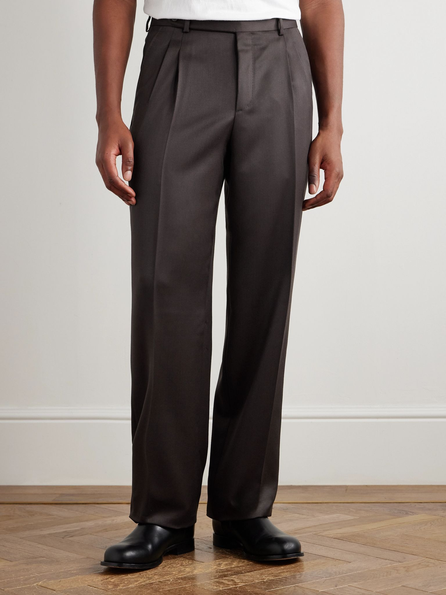 Capri Wide-Leg Pleated Wool-Blend Trousers Brown - 3