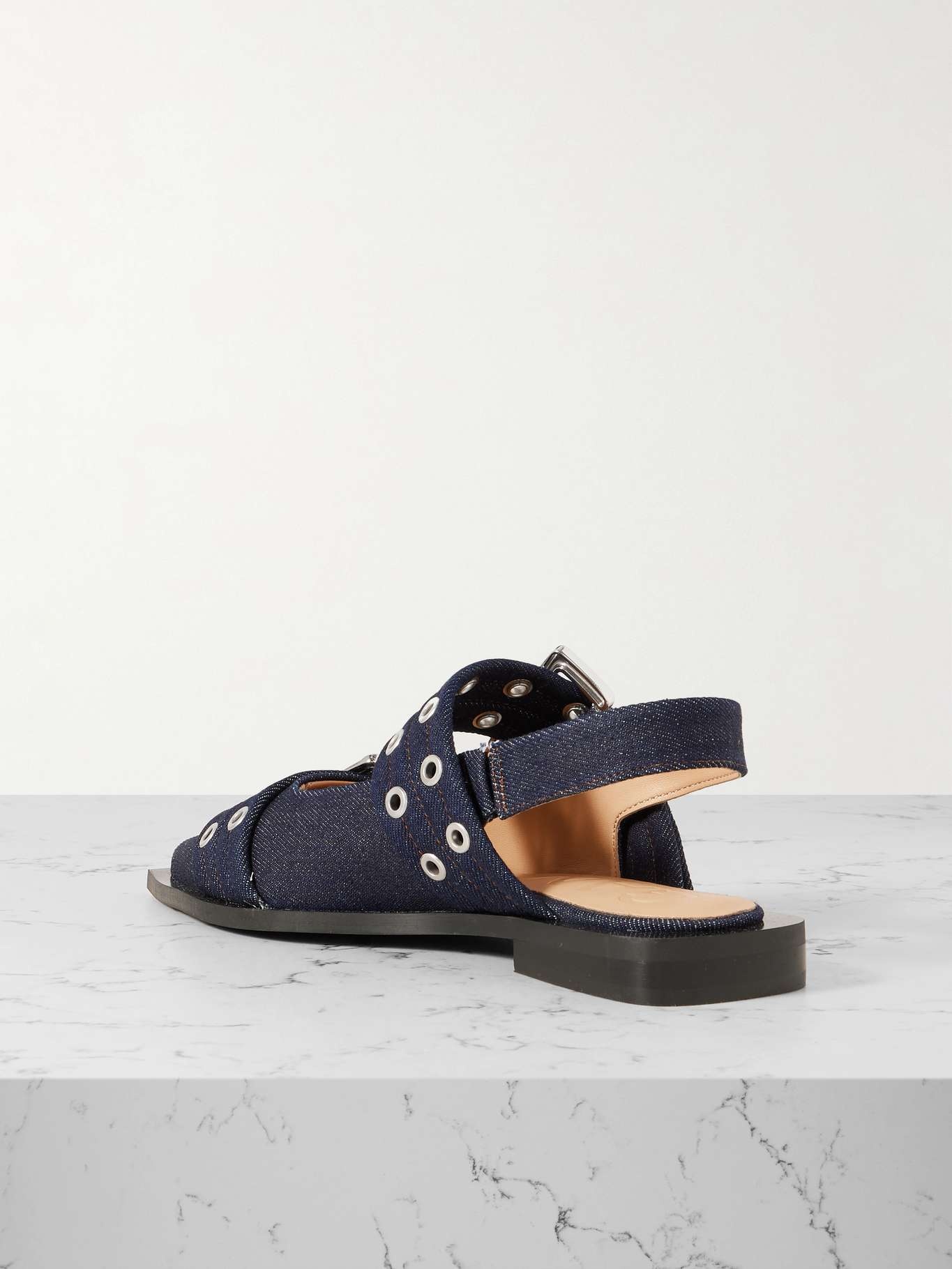 Buckled eyelet-embellished recycled denim ballet flats - 3