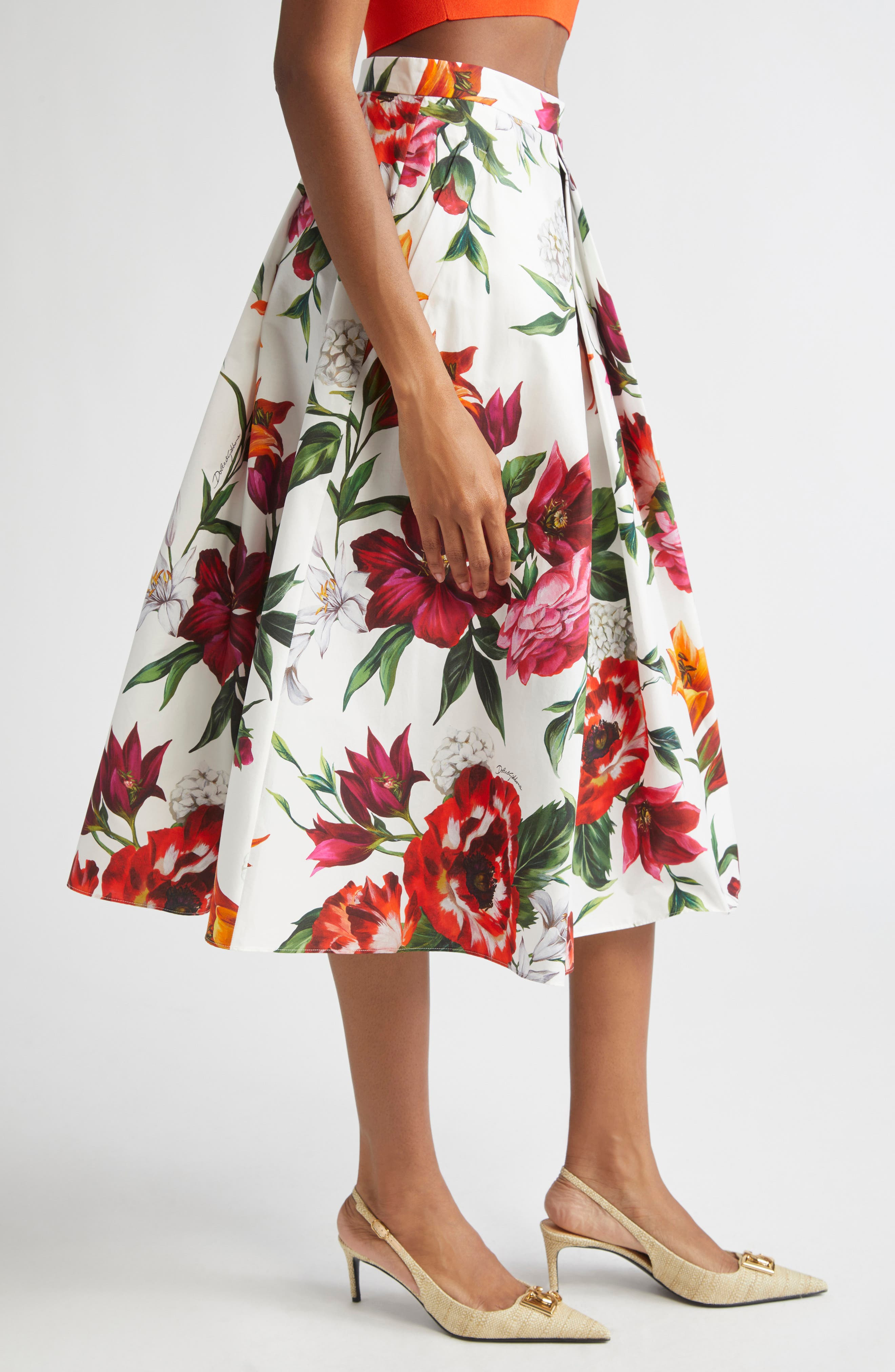 Dolce&Gabbana Floral Pleated Cotton Poplin Skirt in Ha5Pb Anemoni Gigli F.bco at Nordstrom - 4