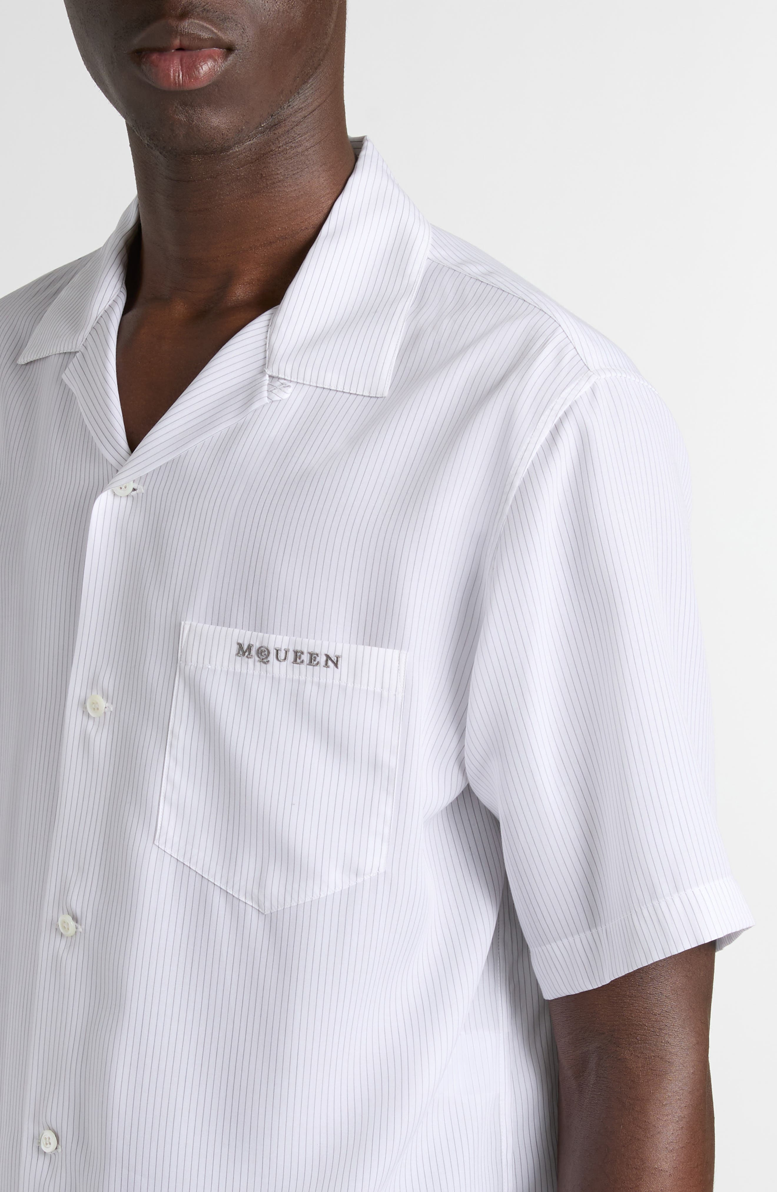 McQueen Pinstripe Logo Embroidered Camp Shirt in White-Charcoal at Nordstrom - 2