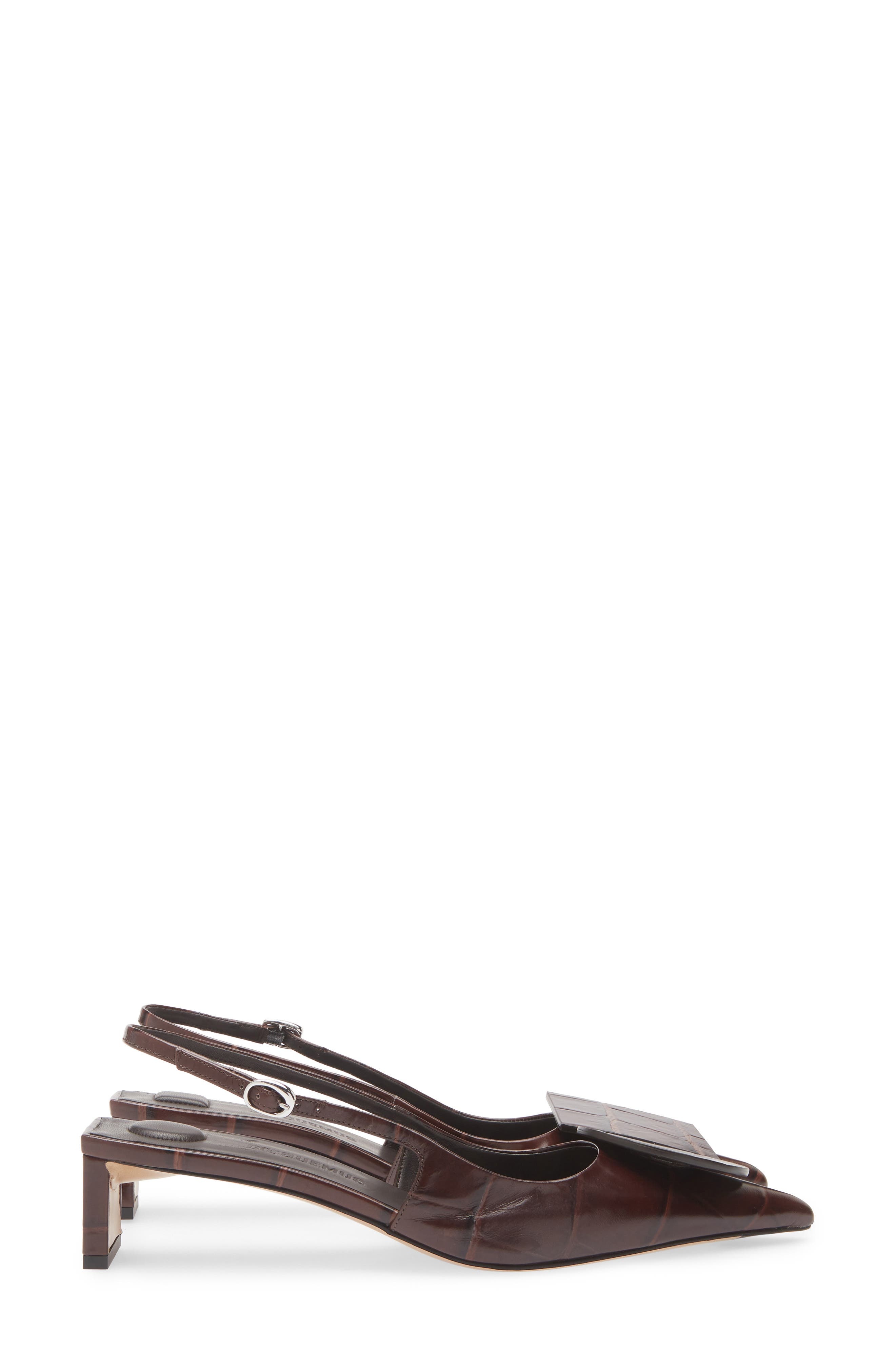 Jacquemus Les Duelo Mismatched Croc Embossed Kitten Heel Slingback Pump (Women) in Midnight Brown at - 3