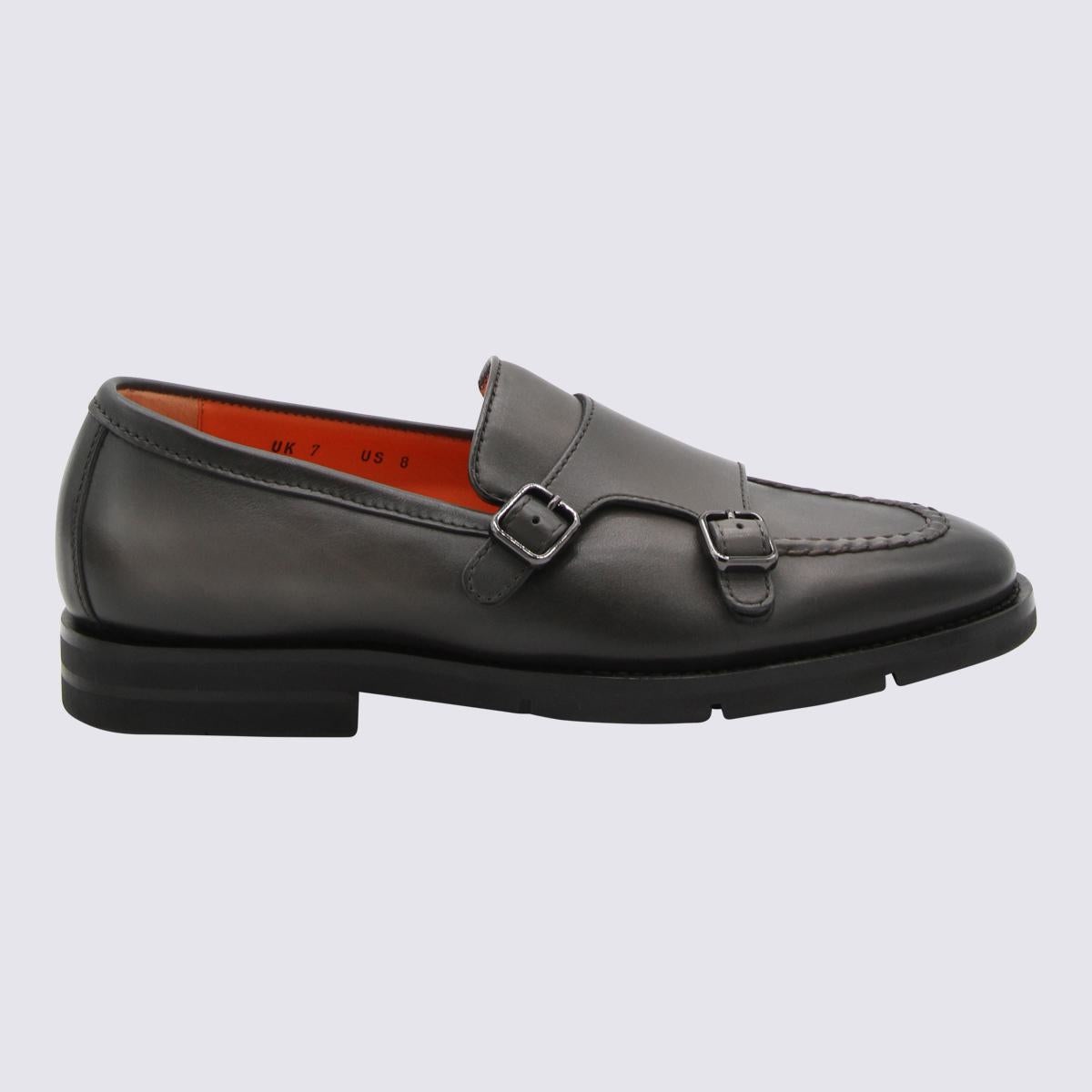 SANTONI GREY LEATHER LOAFERS - 1