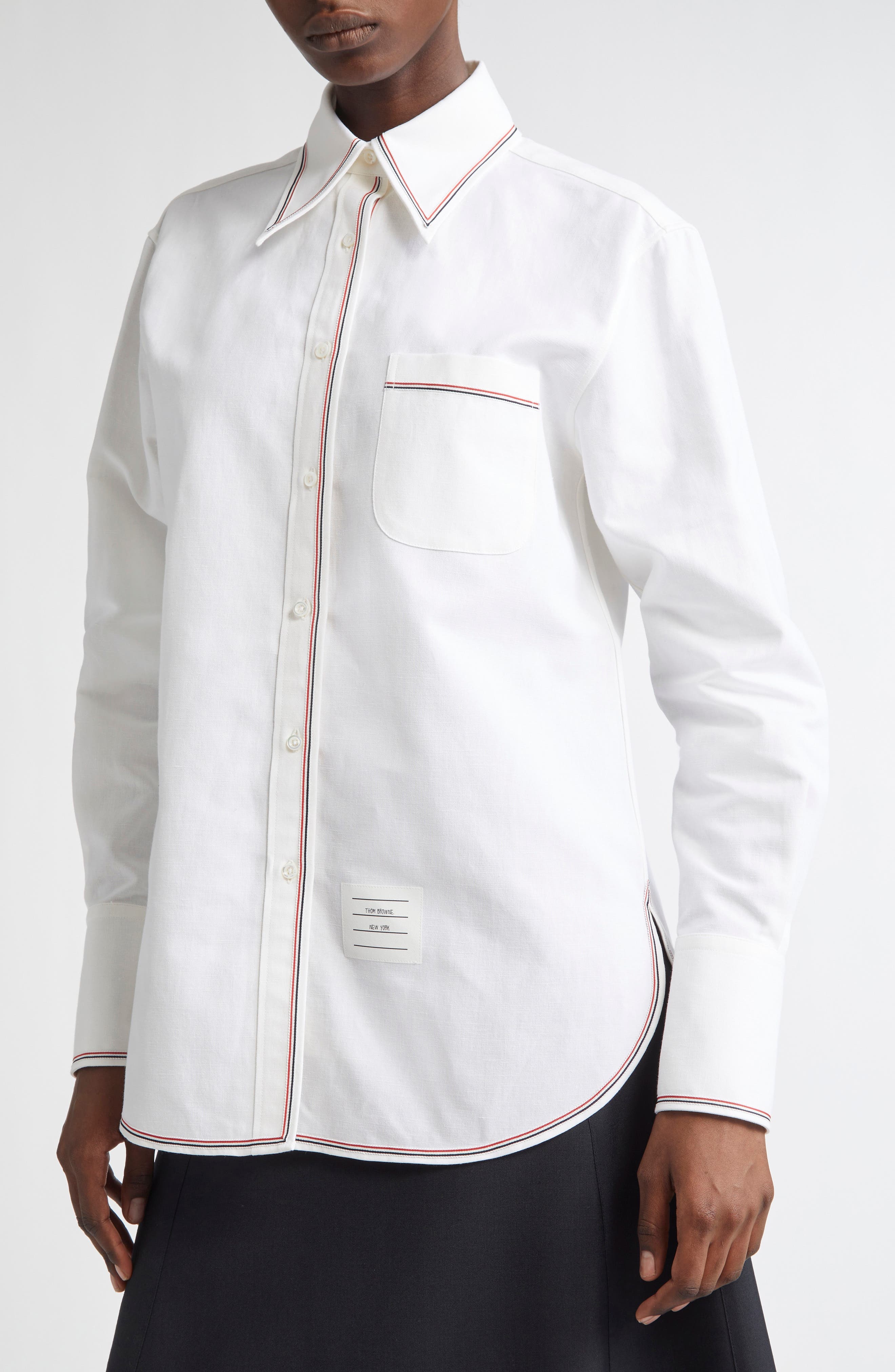 Thom Browne Exaggerated Point Collar Cotton & Linen Button-Up Shirt in White at Nordstrom - 5