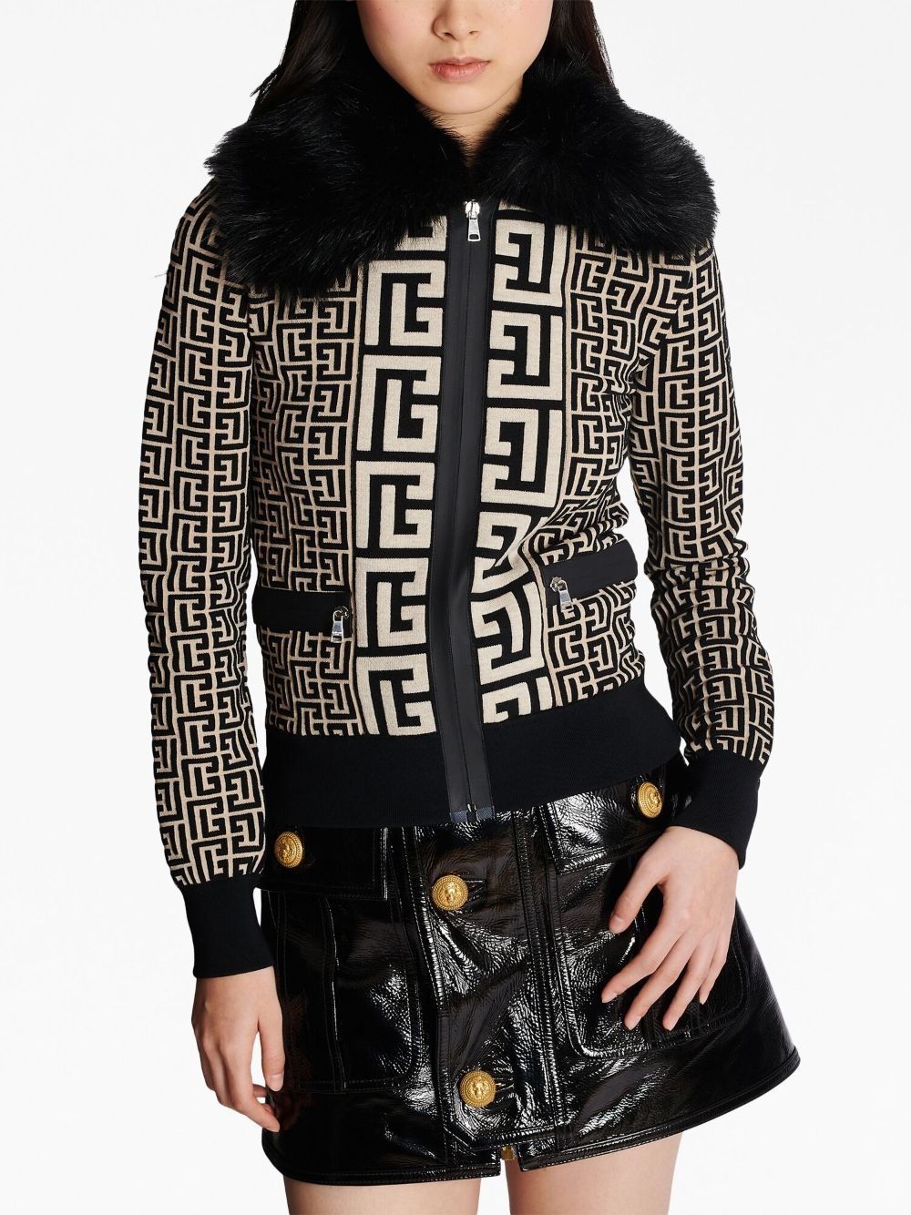 faux fur collar monogram jacket - 6