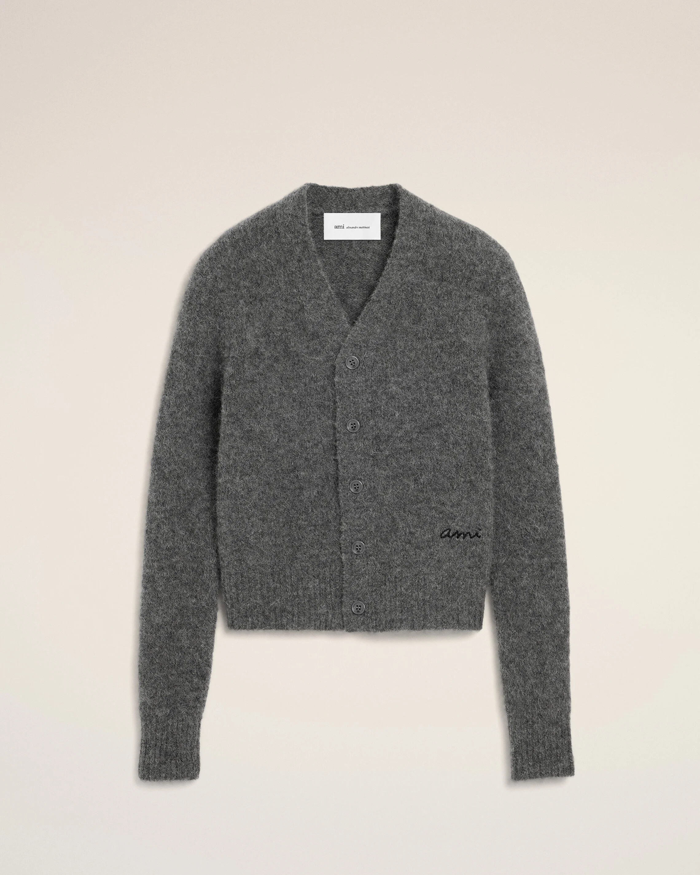 GREY WOOL AND ALPACA CARDIGAN WITH AMI EMBROIDERY - 1