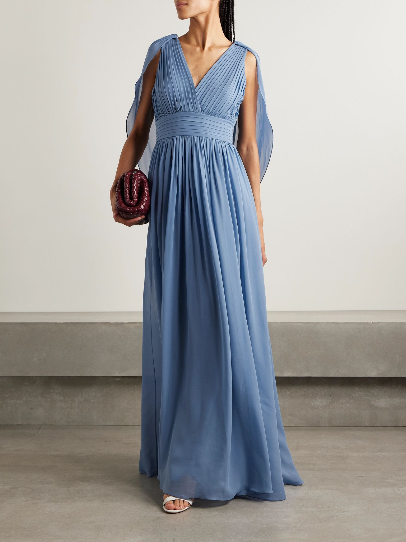 Cape-effect pleated silk-georgette gown Blue - 2