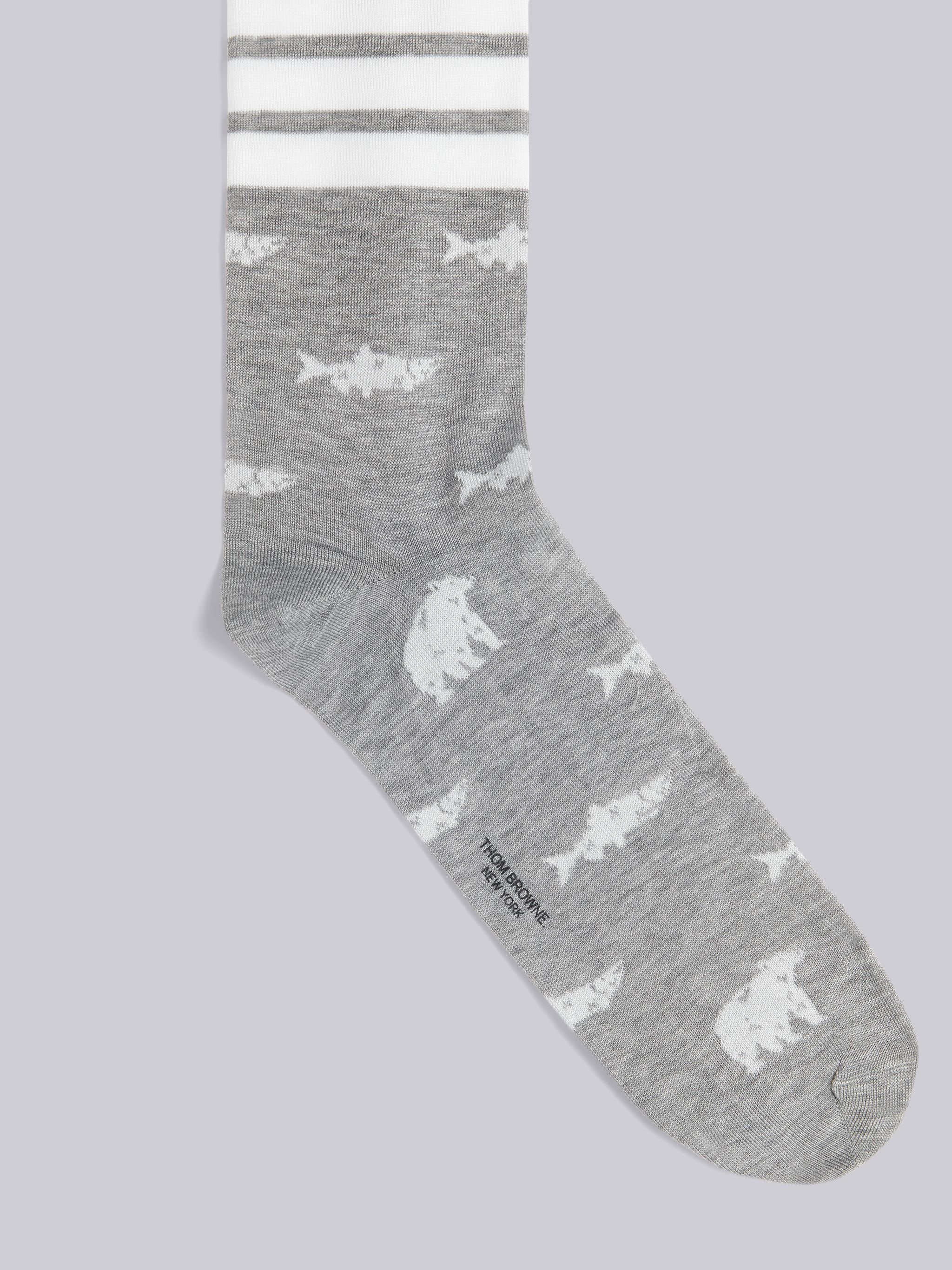 Light Grey Mercerized Cotton Bear and Salmon Half Drop Intarsia 4-Bar Stripe Mid-calf Socks - 2