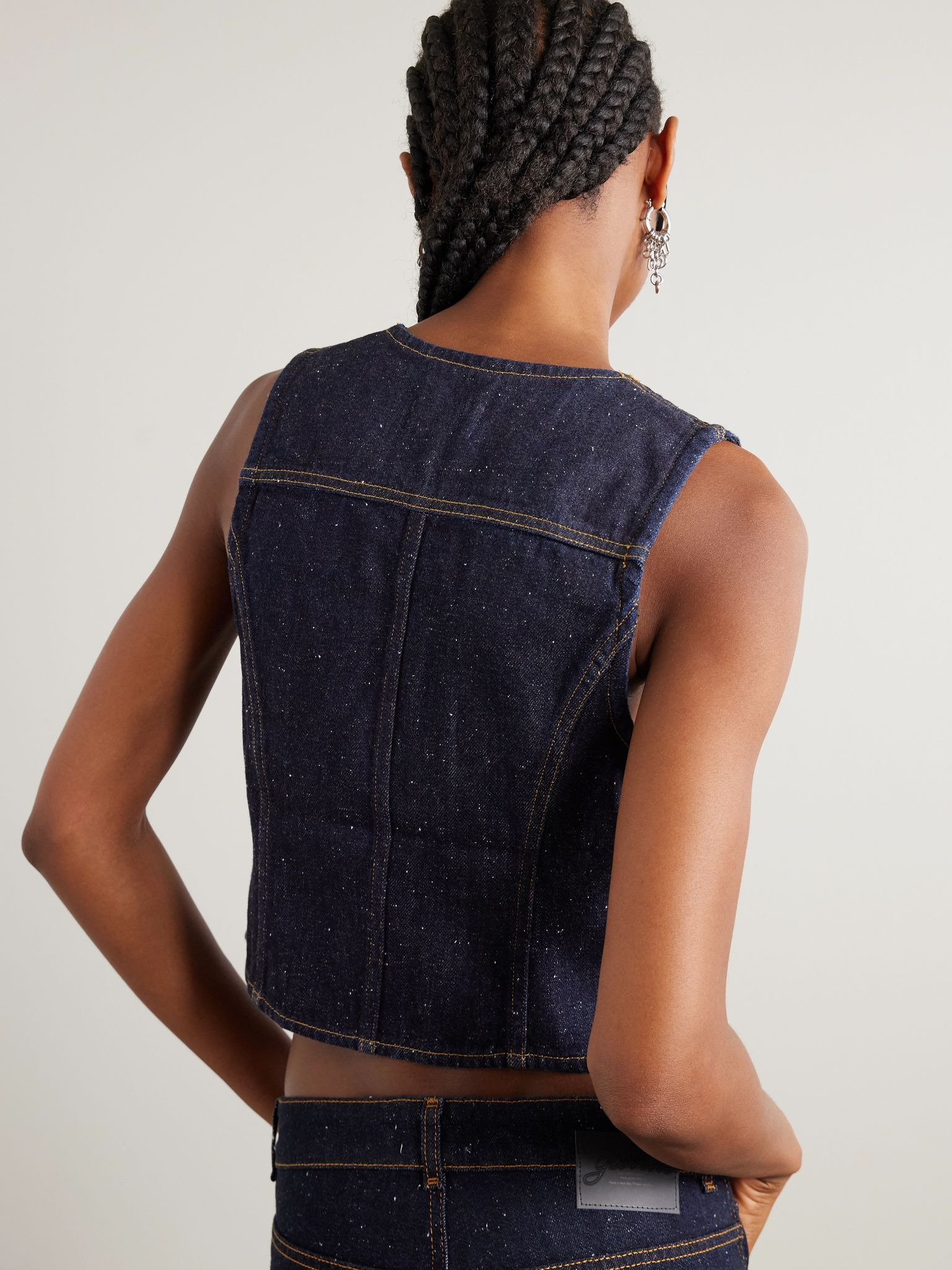 Neppy checked tweed-trimmed organic denim vest Dark denim - 4