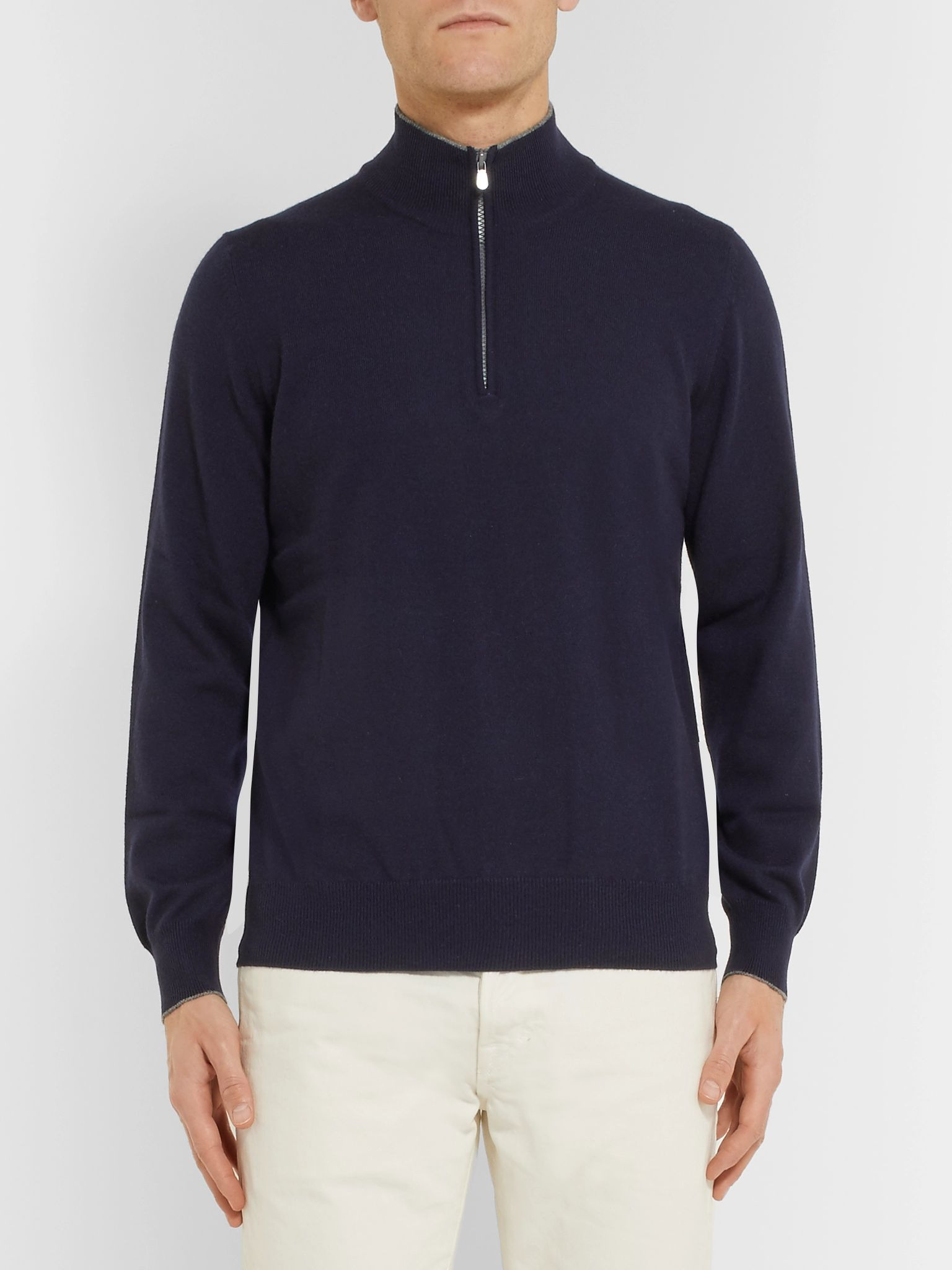 Contrast-Tipped Cashmere Half-Zip Sweater Navy - 3