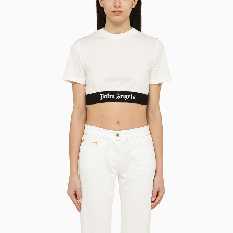 Palm Angels White Cropped T-Shirt With Cotton Logo Women - 1