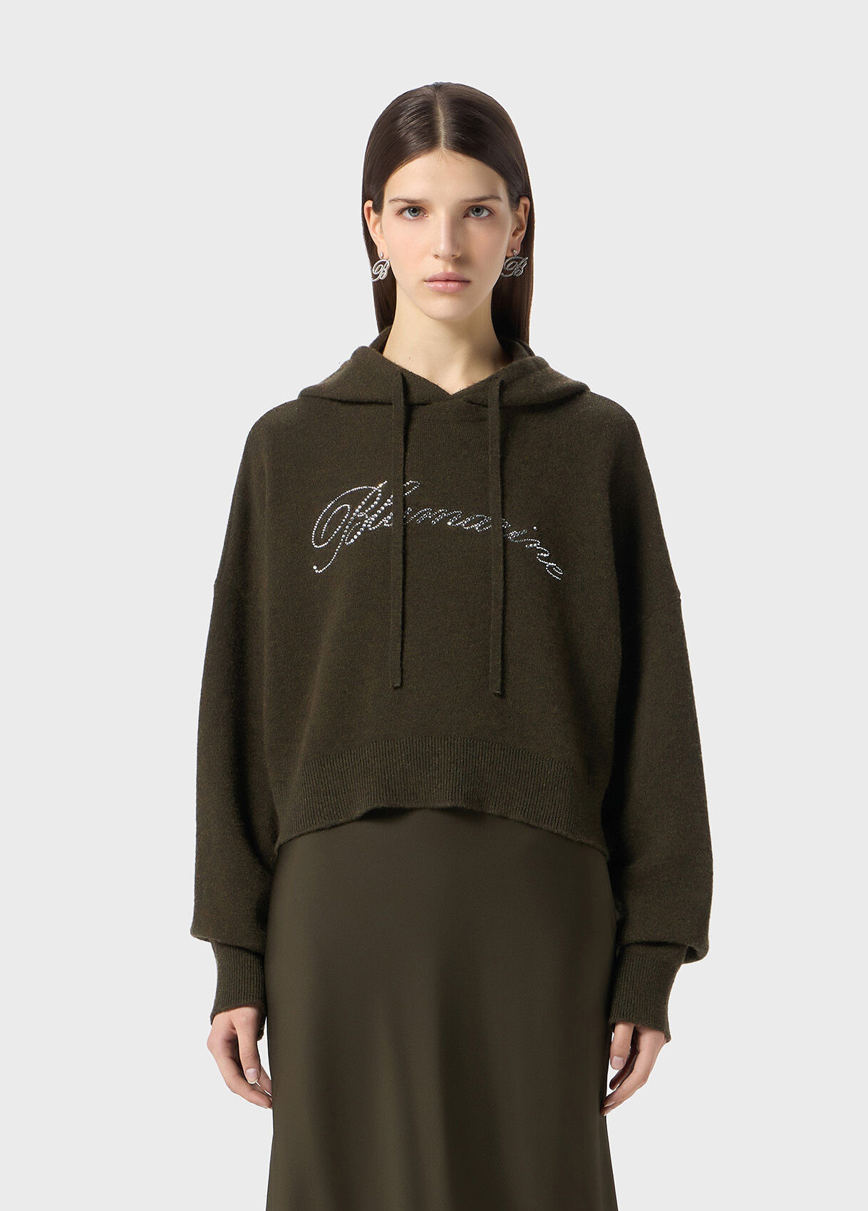 WOOL HOODED SWEATER WITH RHINESTONE LOGO - 2