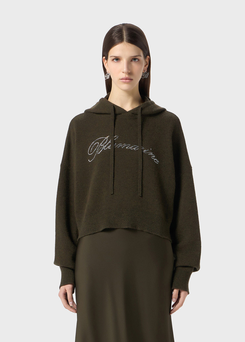 Blumarine WOOL HOODED SWEATER WITH RHINESTONE LOGO outlook