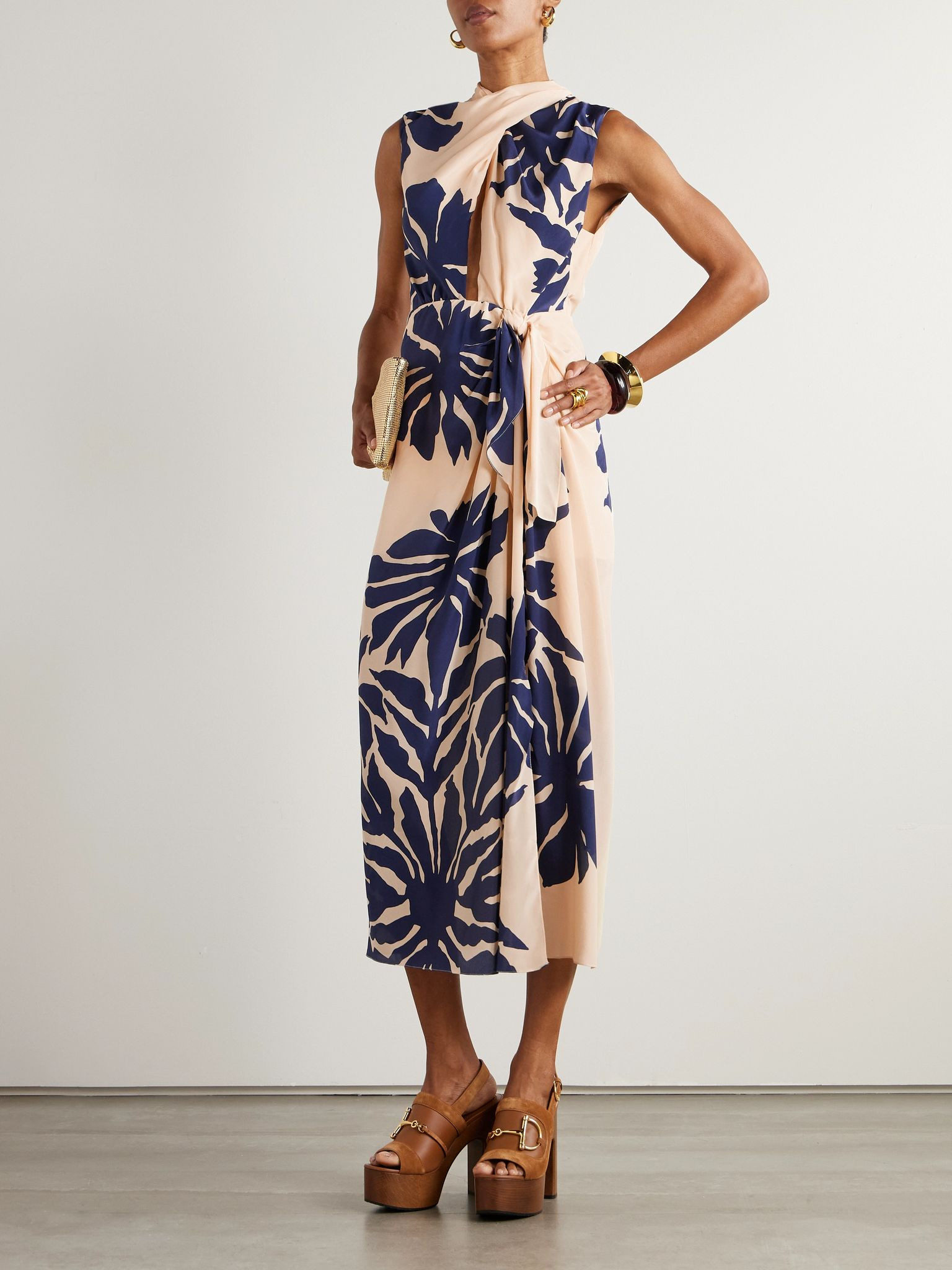 City Wonders tie-front cutout draped printed silk crepe de chine midi dress Ivory - 2