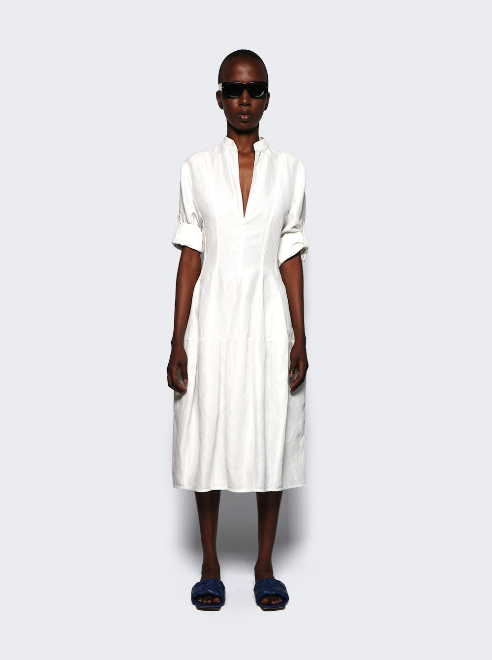 Bottega Veneta Women Fluid Linen Midi Dress Chalk White - 3