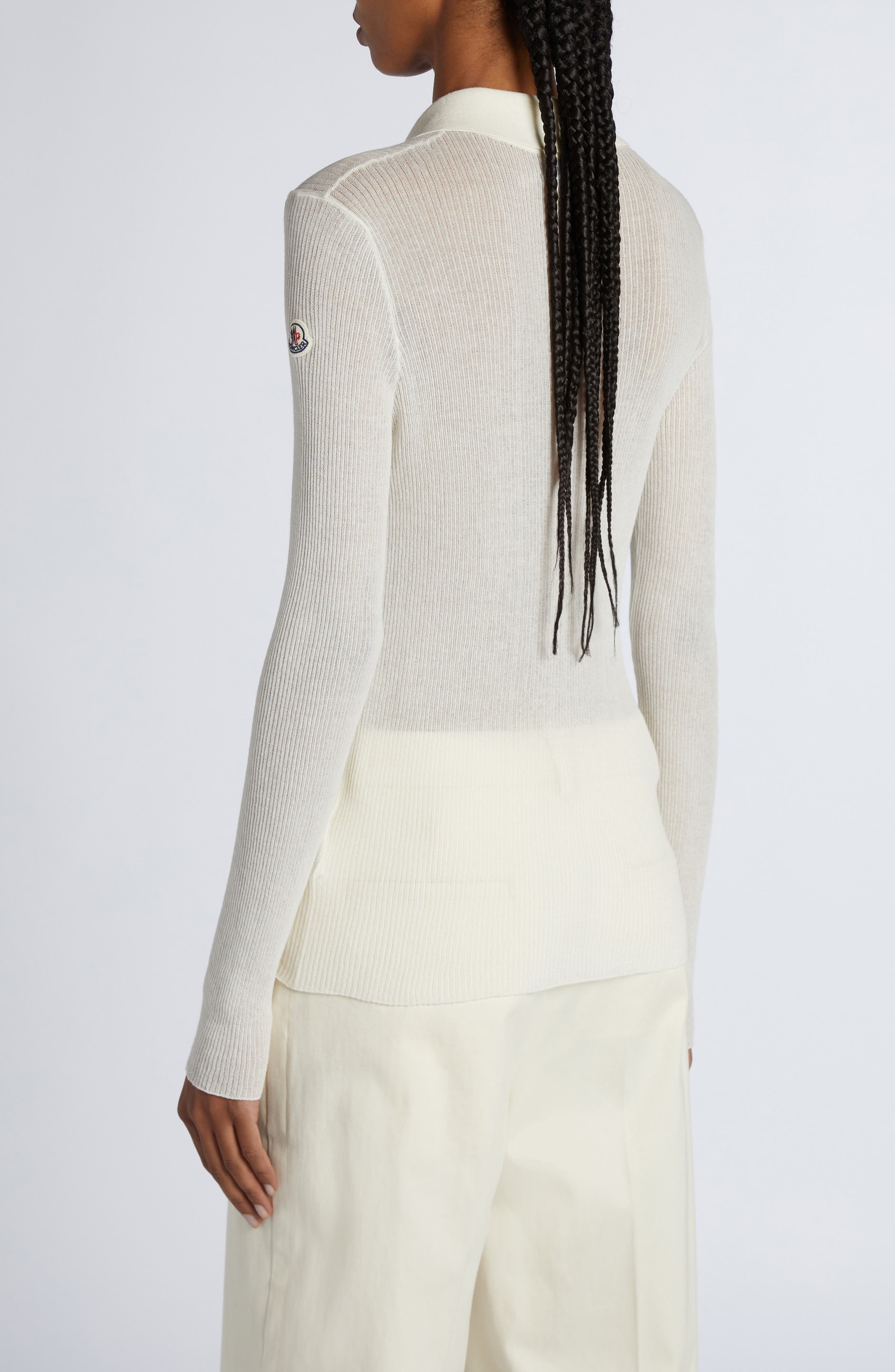 Moncler Long Sleeve Rib Polo Sweater in White at Nordstrom - 2